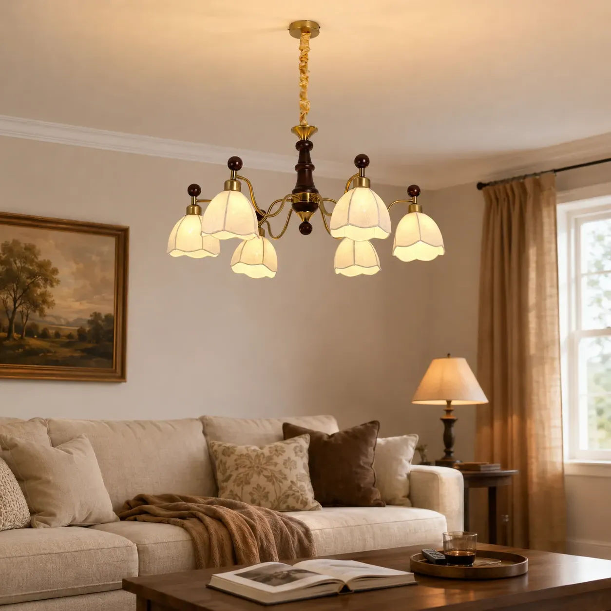 6-Light Chandelier Adjustable Height - Yellow, Iron & Fabric product