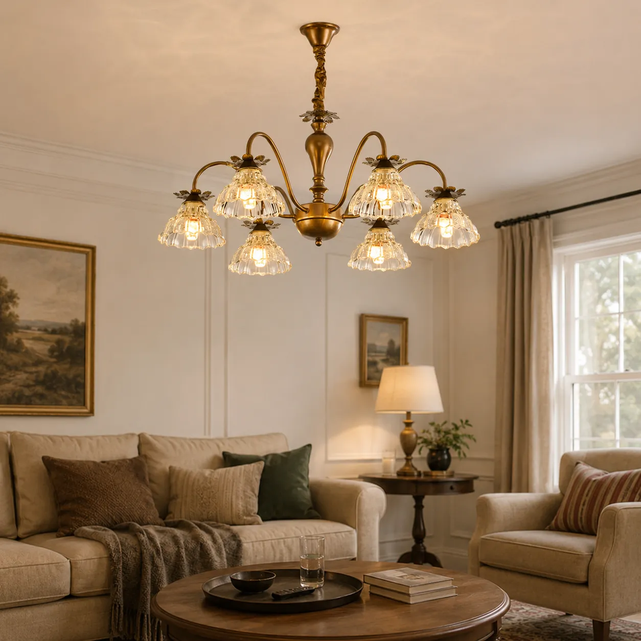 6-Light Floral Glass Chandelier E14 Ceiling Lamp - Gold, Iron product