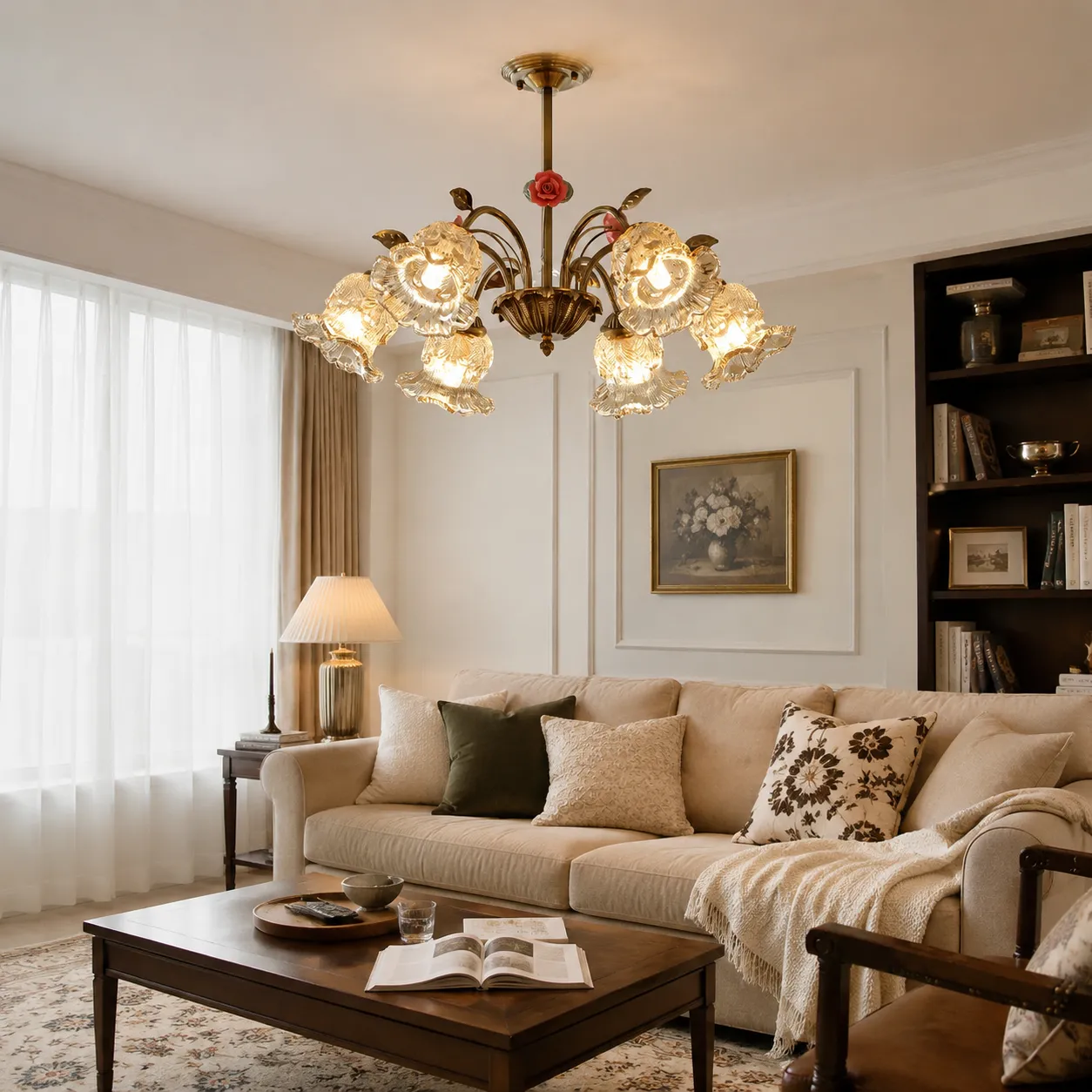 6-Light Floral Glass Chandelier E27 - Gold, Iron & Glass product