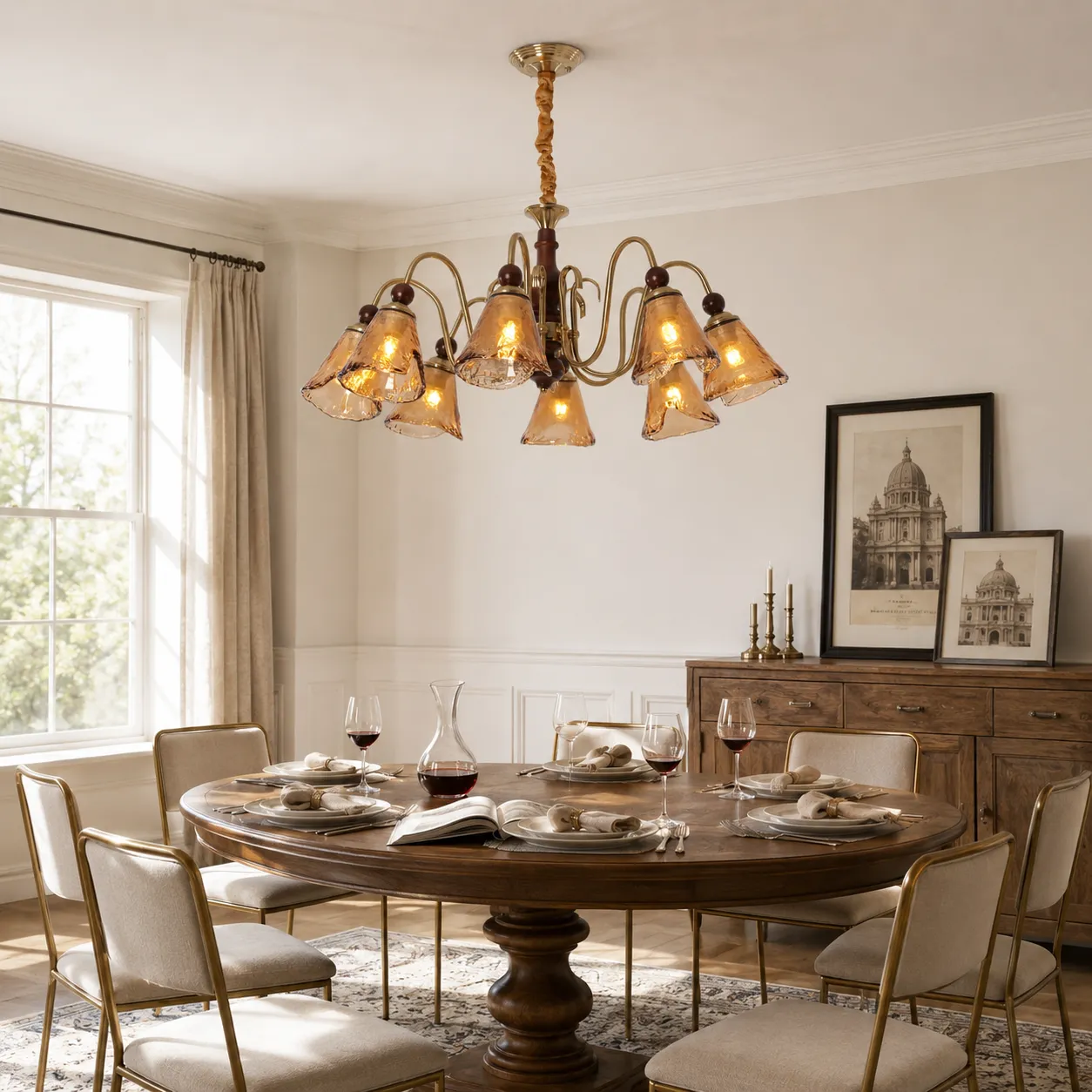 8-Light Vintage Cut Glass Chandelier - Walnut, Ash Wood product