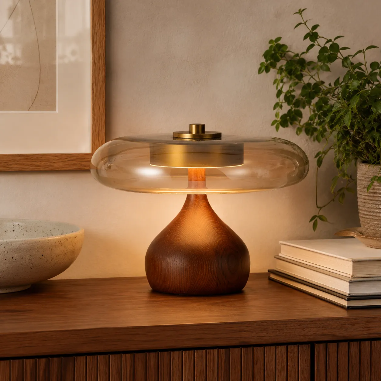 Ash Wood Glass Table Lamp - Walnut, Ash Wood product