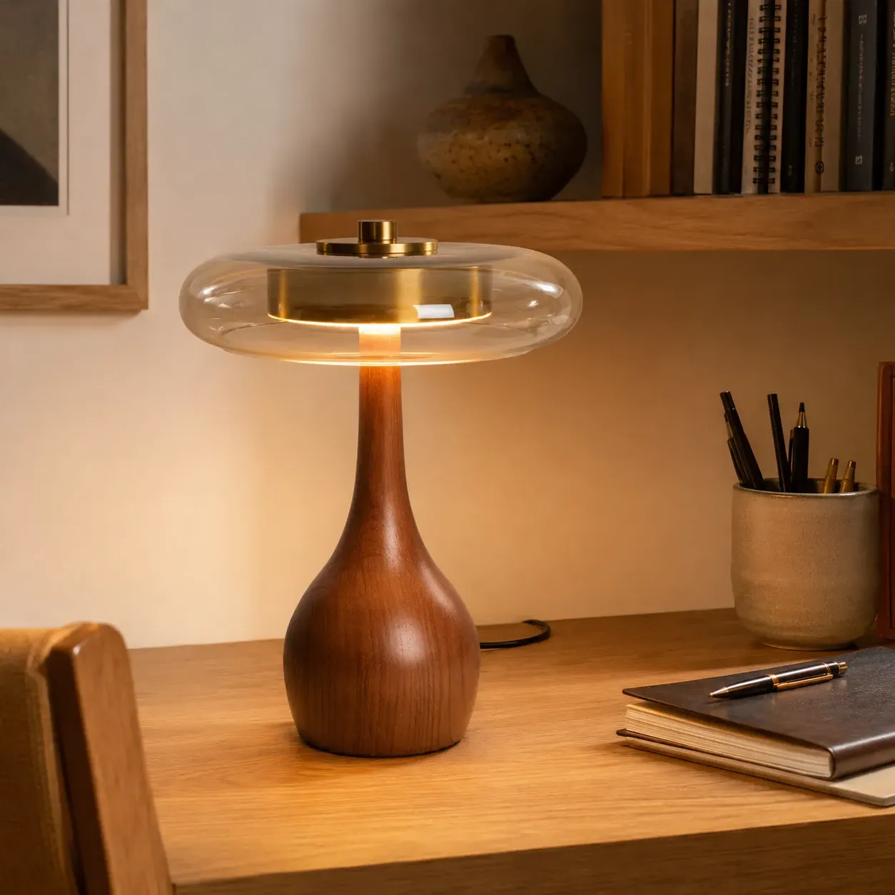 Ash Wood Glass Table Lamp - Walnut, Glass product