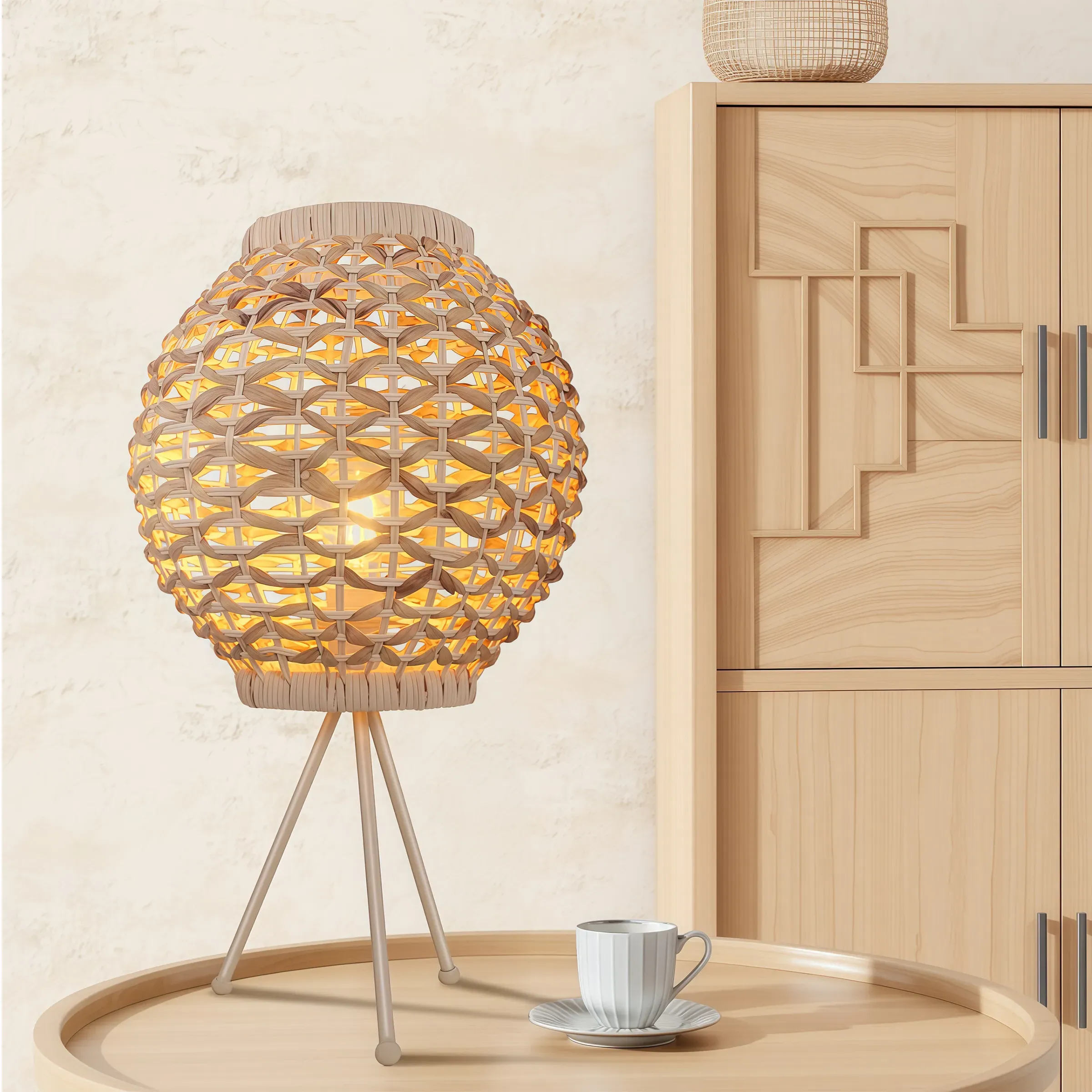 Ball-Shaped Table Lamp with LED - Natural, Rattan image