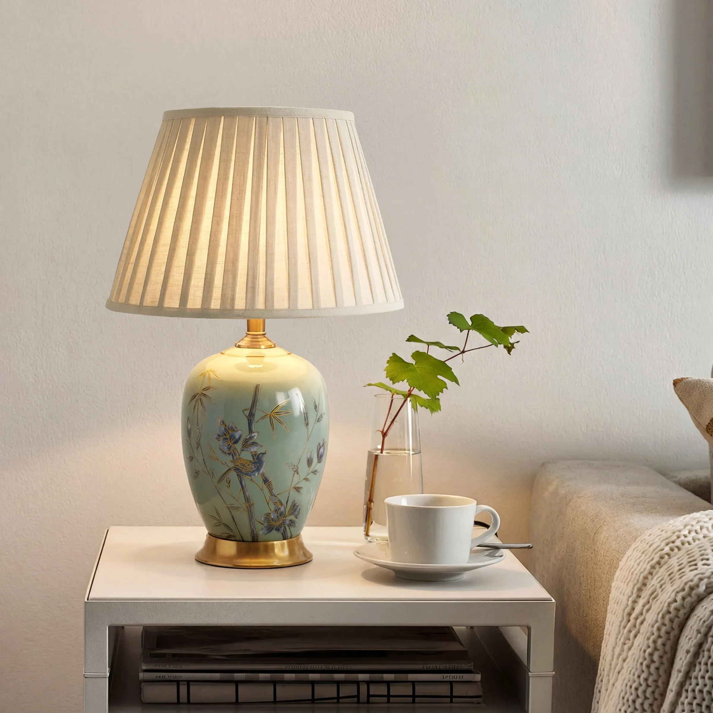 Bamboo & Bird Ceramic Table Lamp with Dimming - Green product