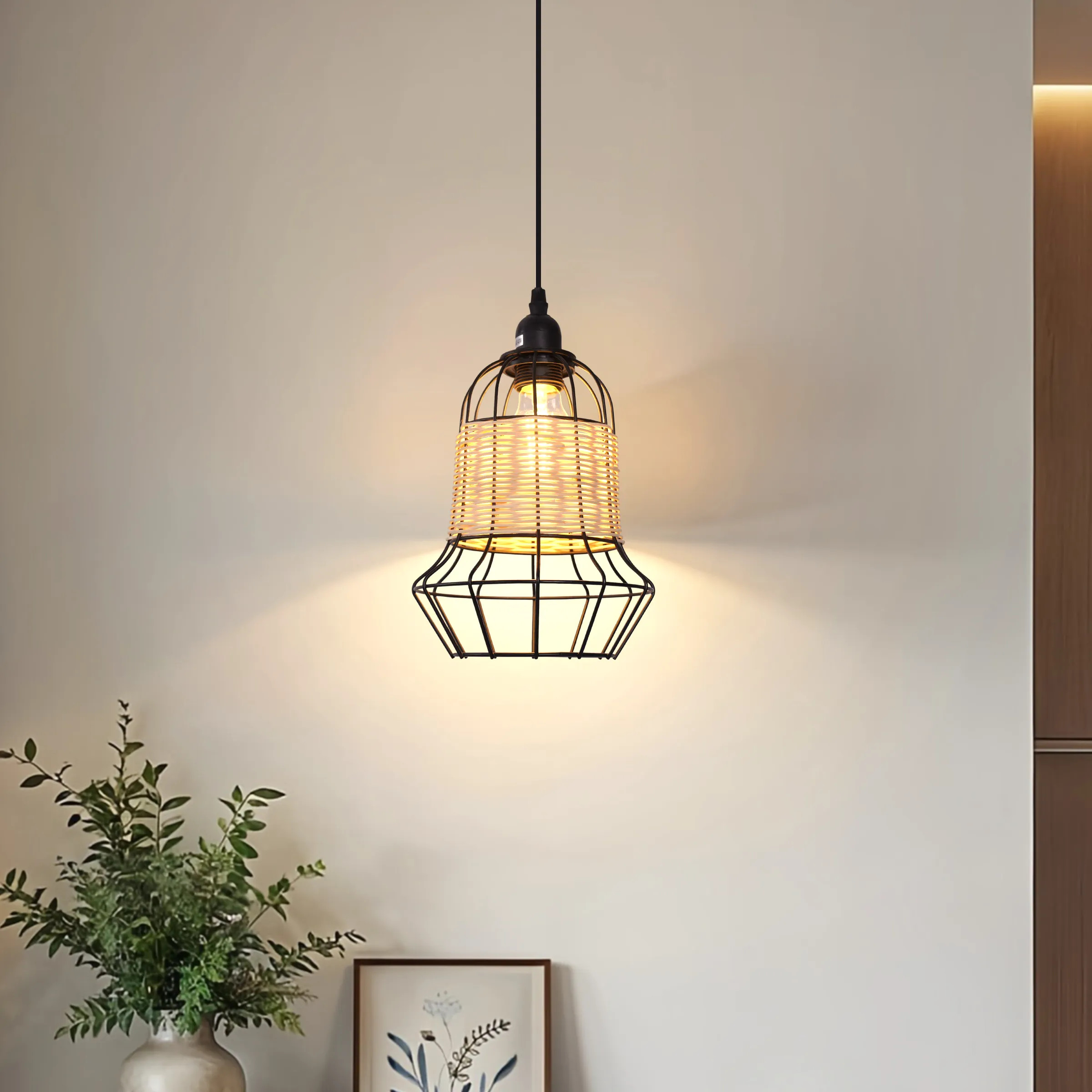 Basket Pendant Light with Adjustable Height - Natural