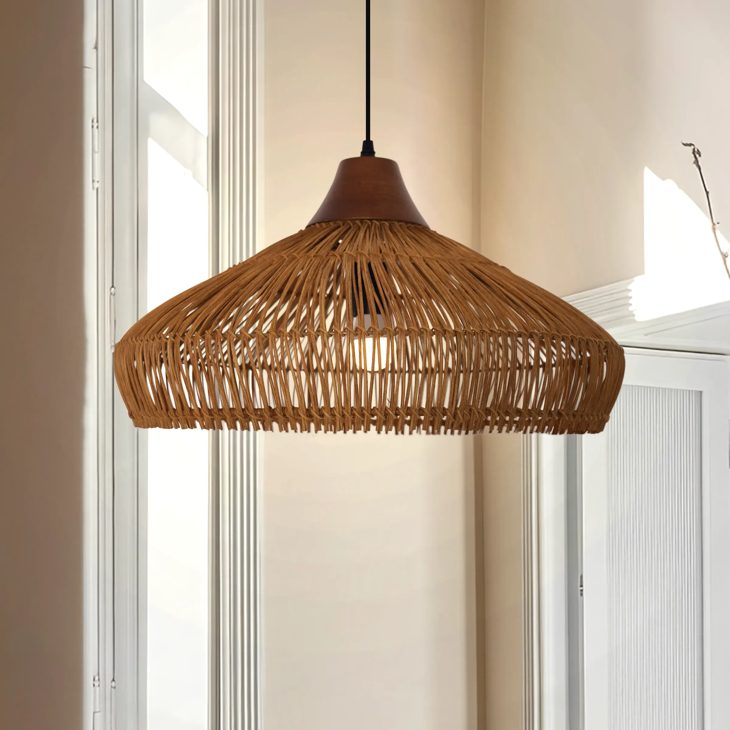 Bell-Shaped Pendant Light with Cord - Brown, Bamboo image
