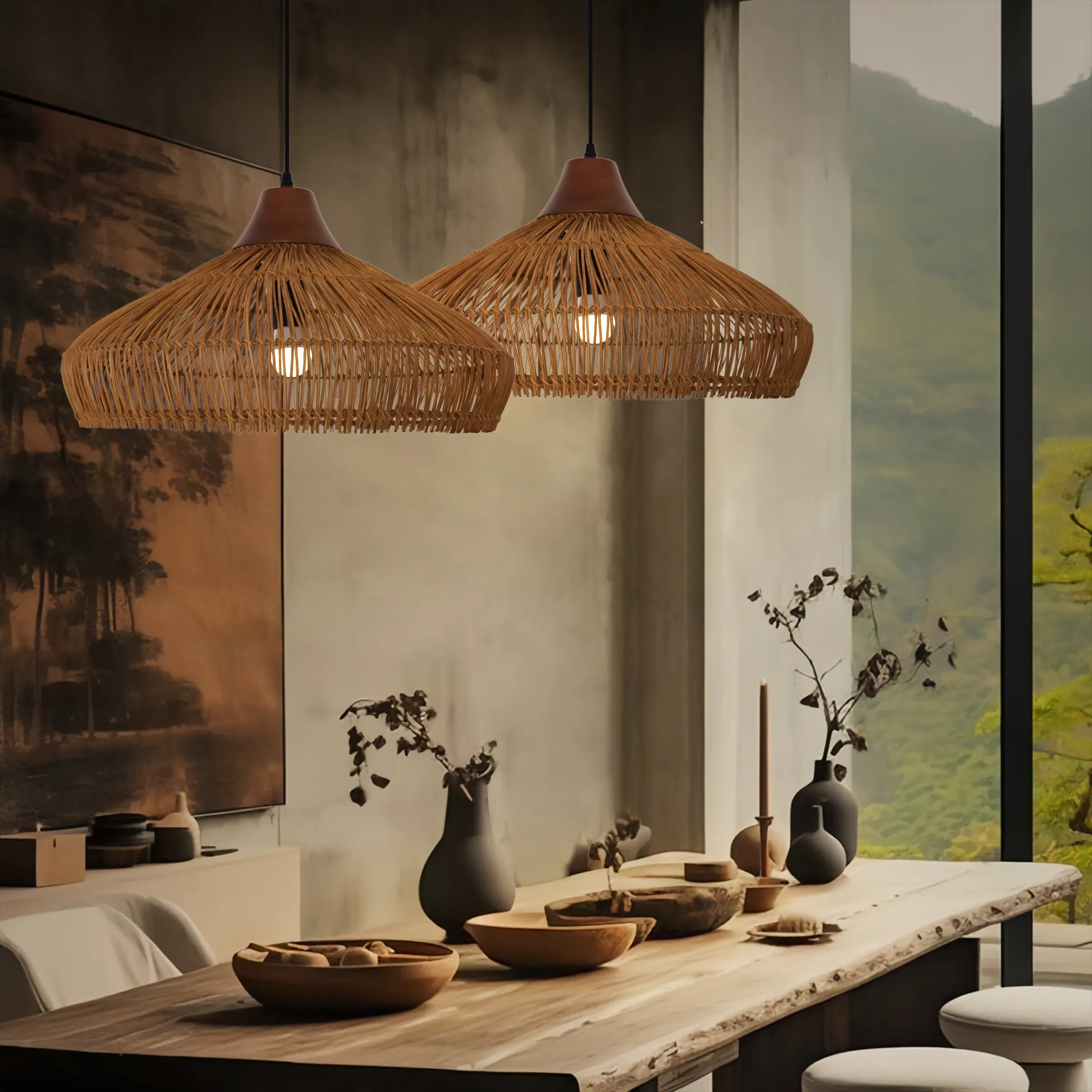 Bell-Shaped Pendant Light with Cord - Brown, Bamboo