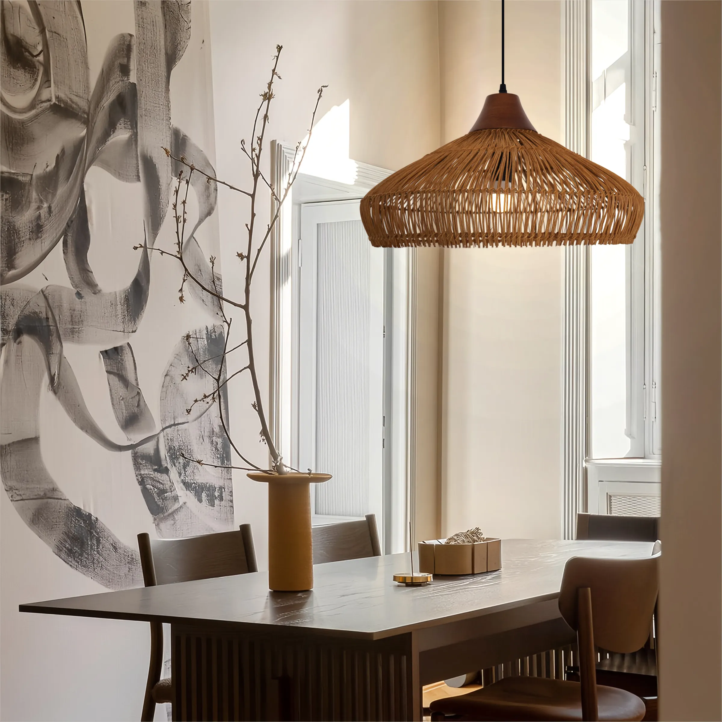 Bell-Shaped Pendant Light with Cord - Brown, Bamboo