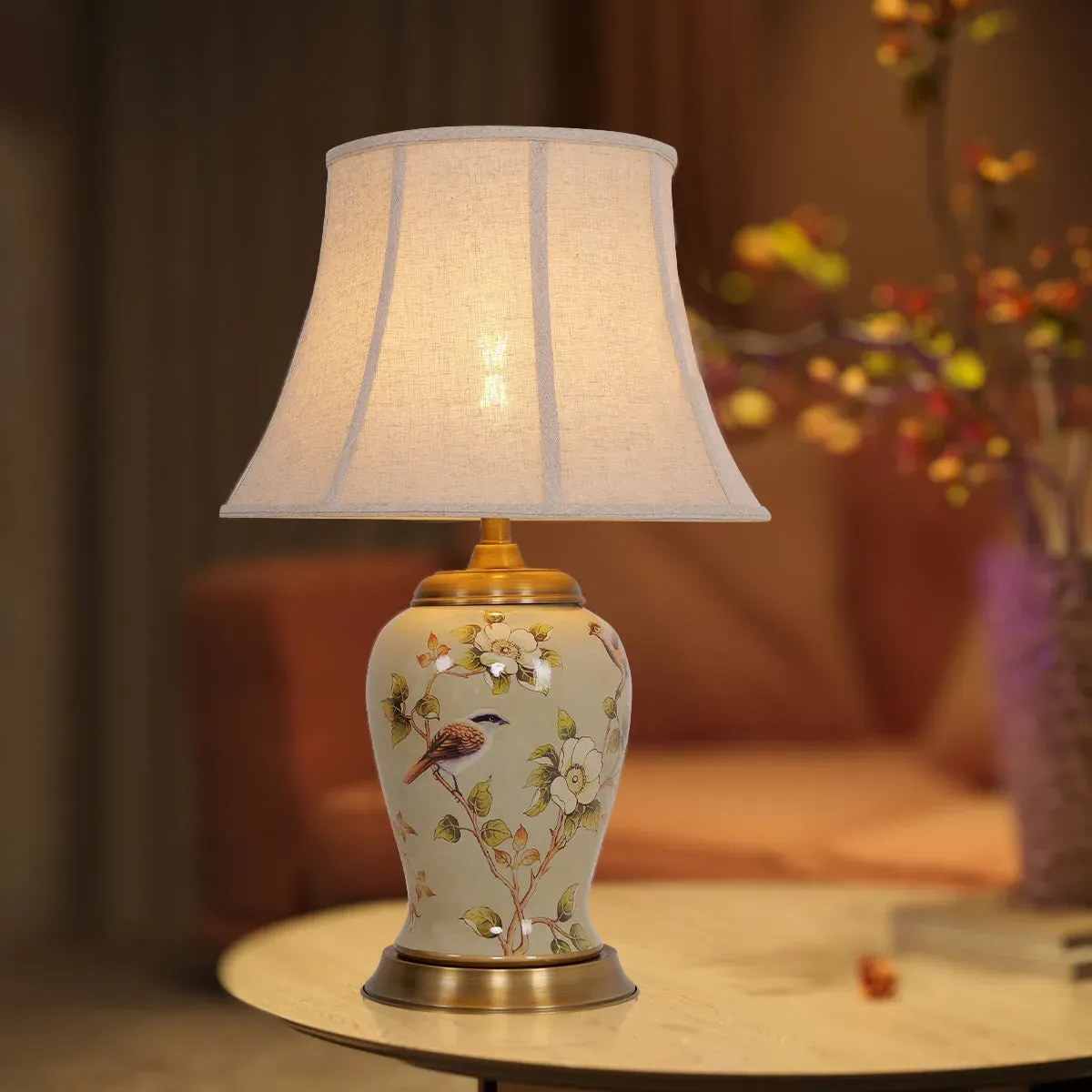 Ceramic Bird Floral-Pattern Table Lamp - Fabric Shade product