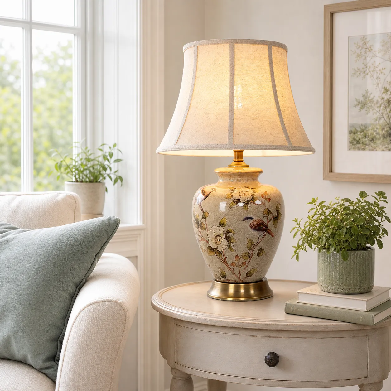 Ceramic Bird-Pattern Table Lamp - Taupe, Brass product