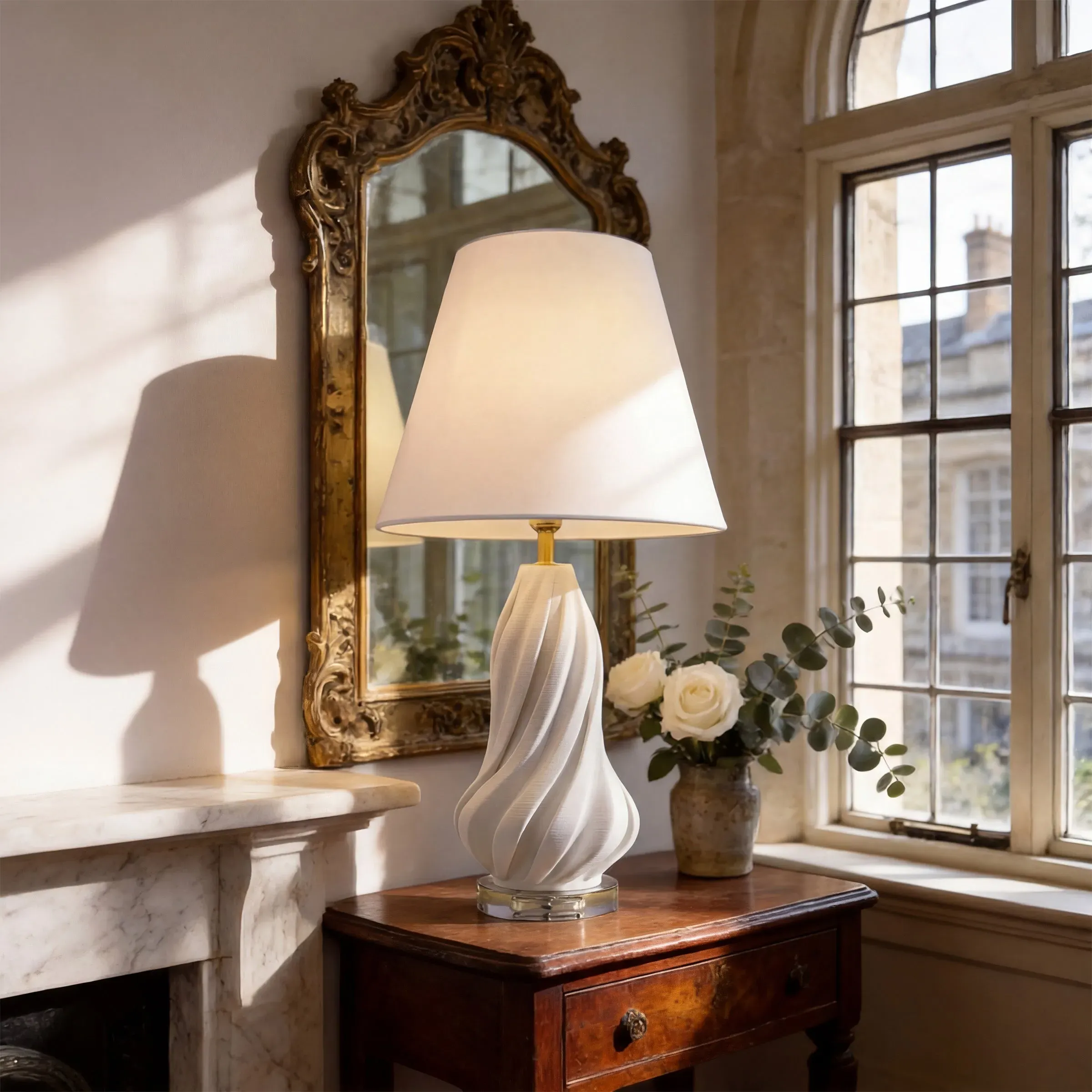 Ceramic Spiral Vase Table Lamp with Fabric Shade - White product