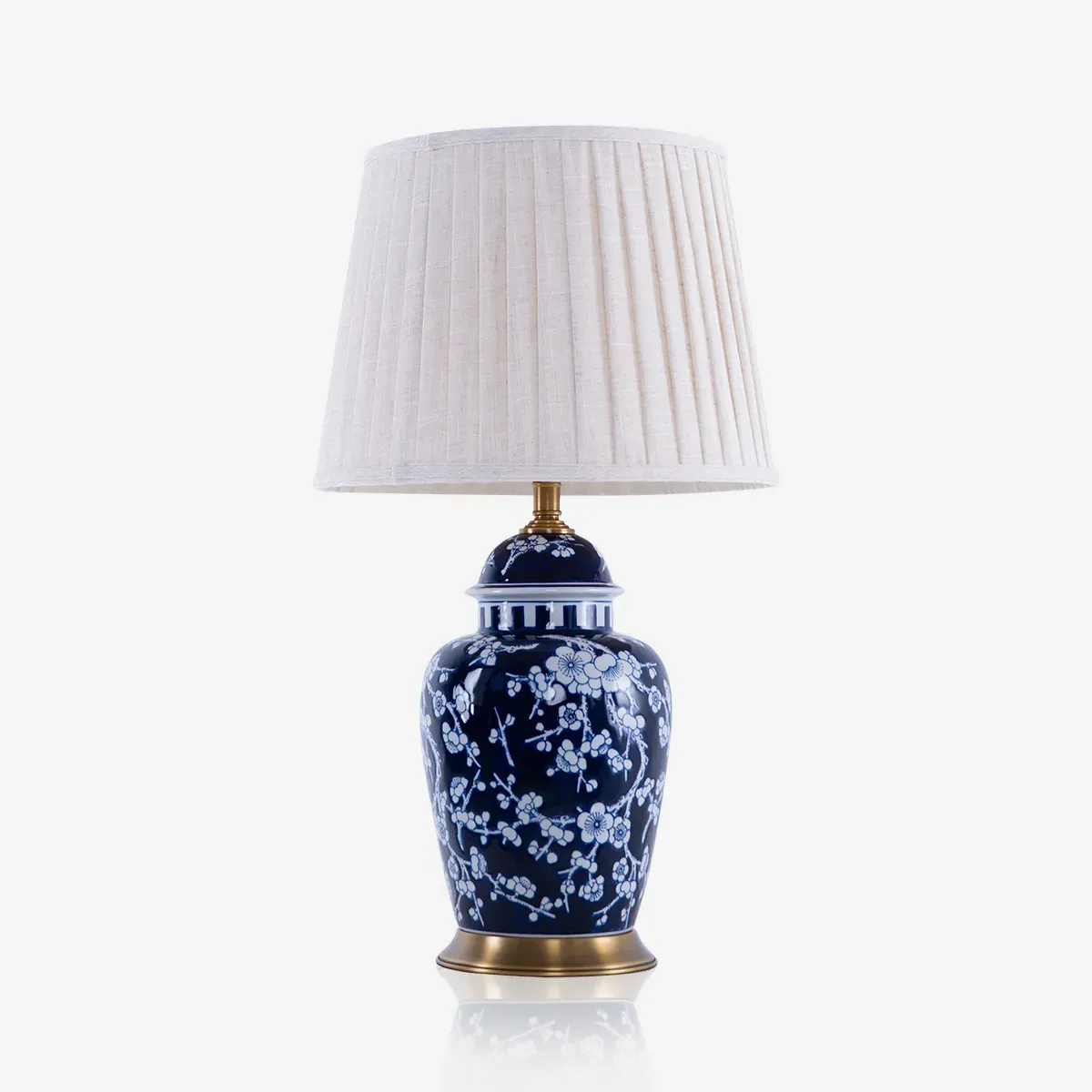 Ceramic Table Lamp with Brass Base - Dark Blue, Fabric