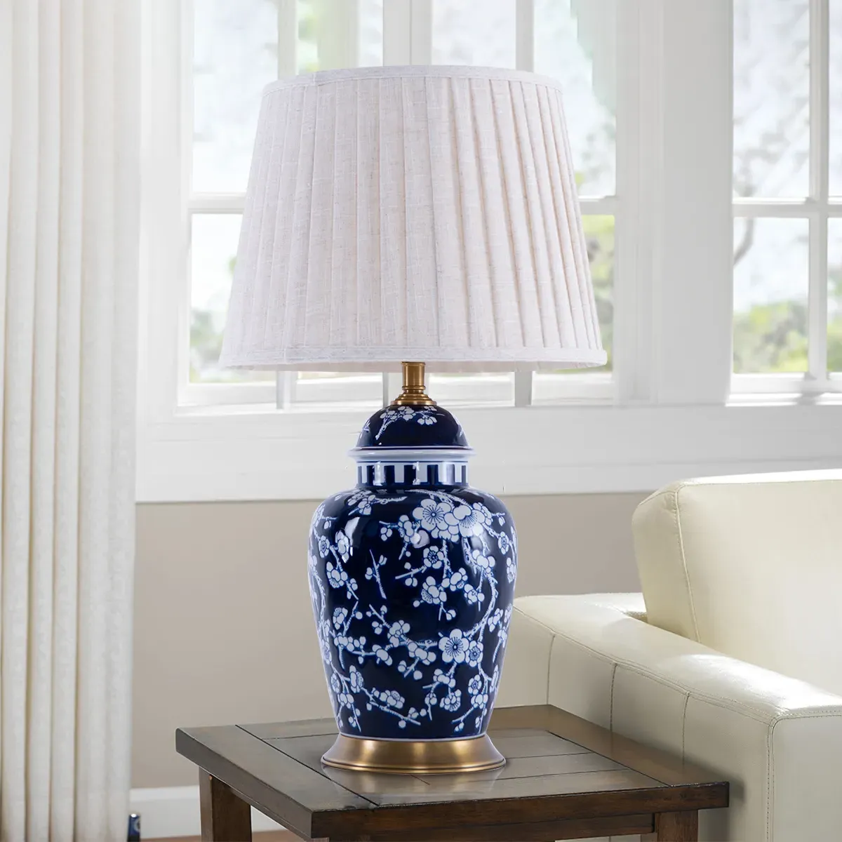 Ceramic Table Lamp with Brass Base - Dark Blue, Fabric