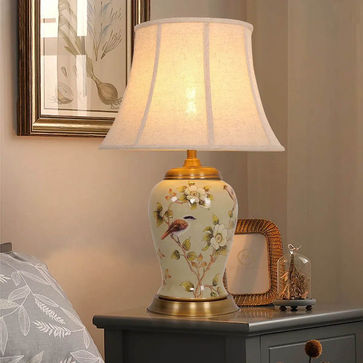 Ceramic Table Lamp with Copper Base - Fabric