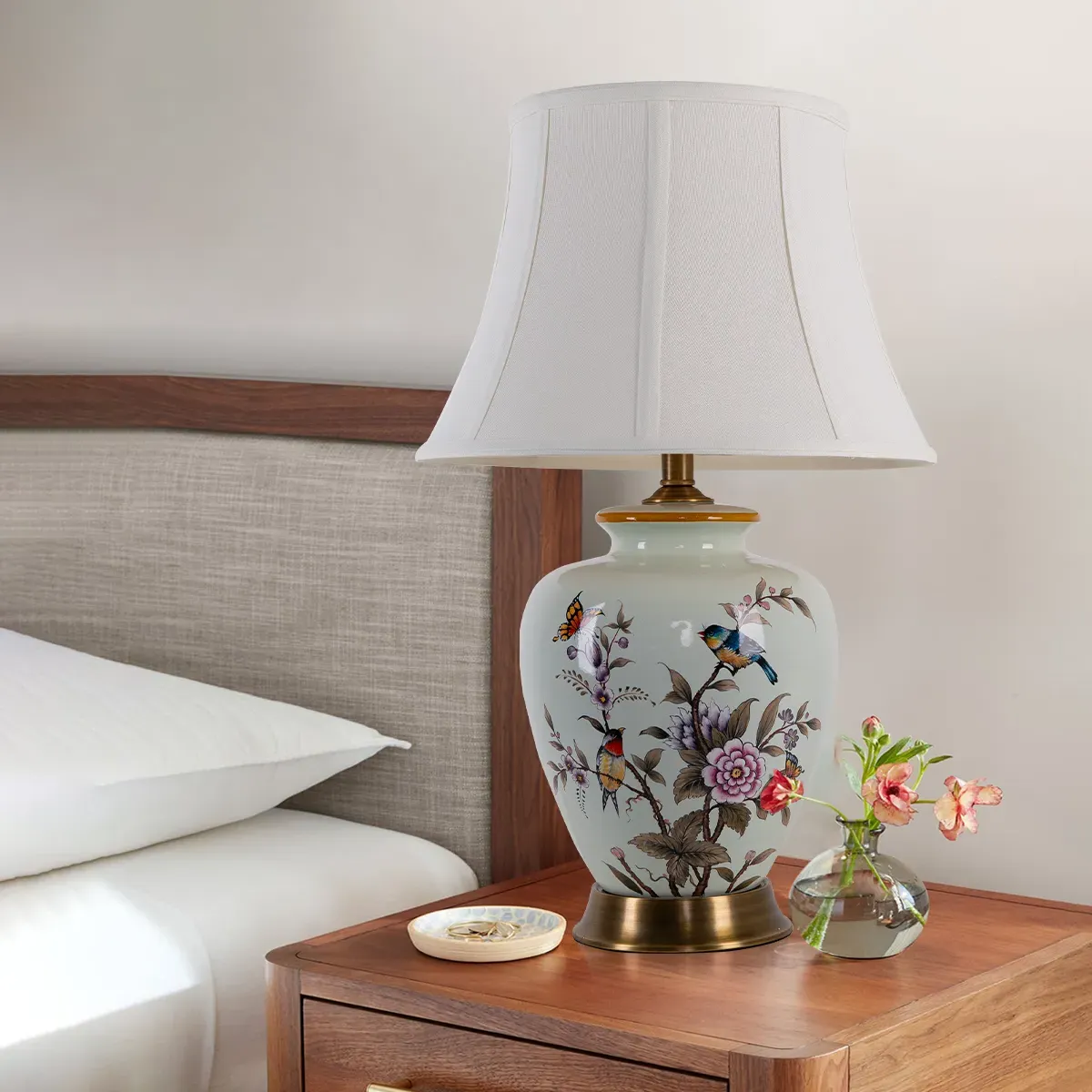 Ceramic Table Lamp with Copper Base - Green, Fabric