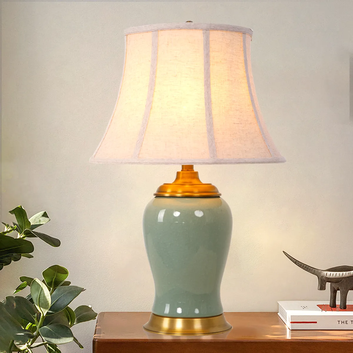 Ceramic Table Lamp with Fabric Shade - Green, Ceramic image