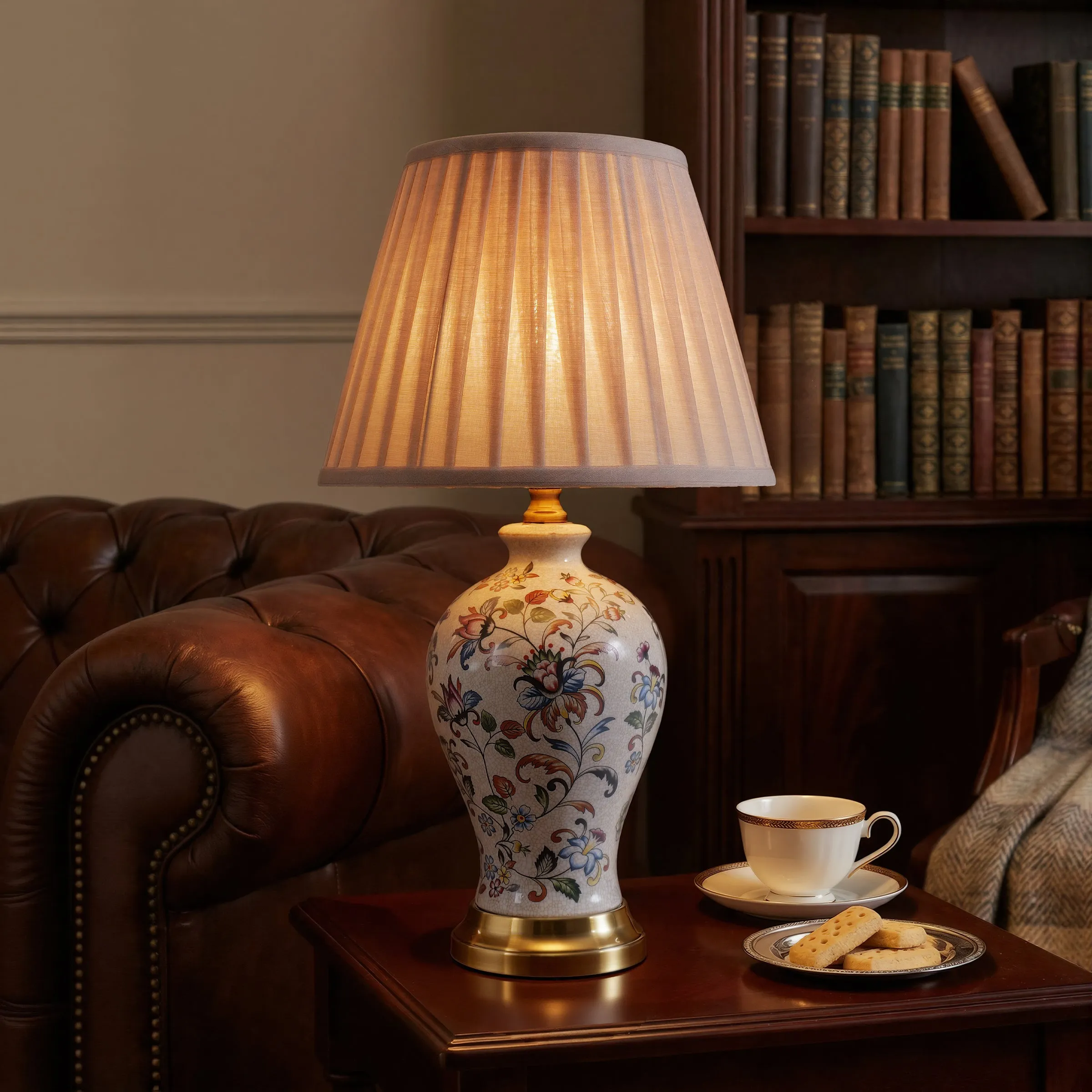 Chinoiserie Hand-Painted Porcelain Table Lamp - Grey, Linen product