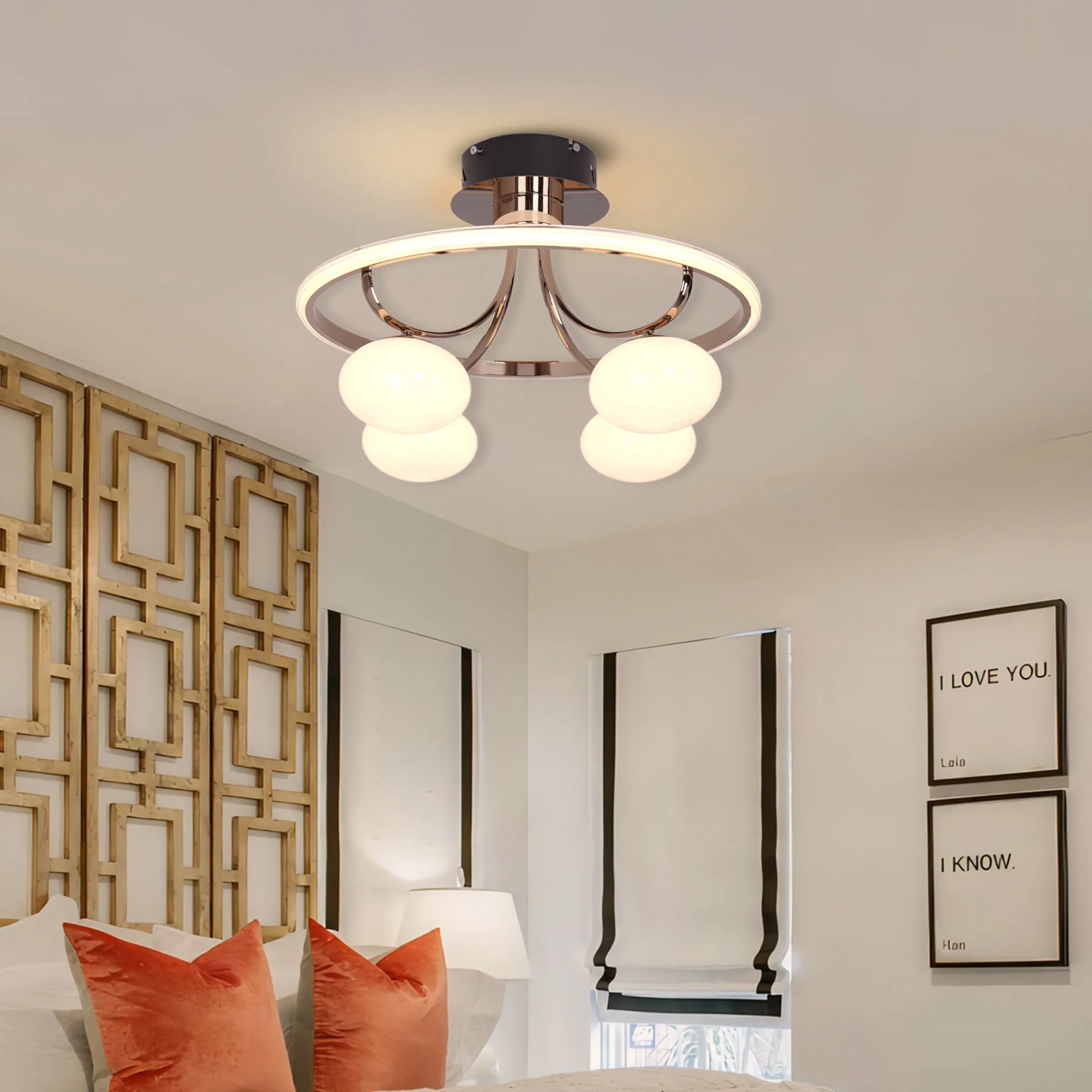 Circular Ceiling Light with 4 Orbs - Grey, Metal