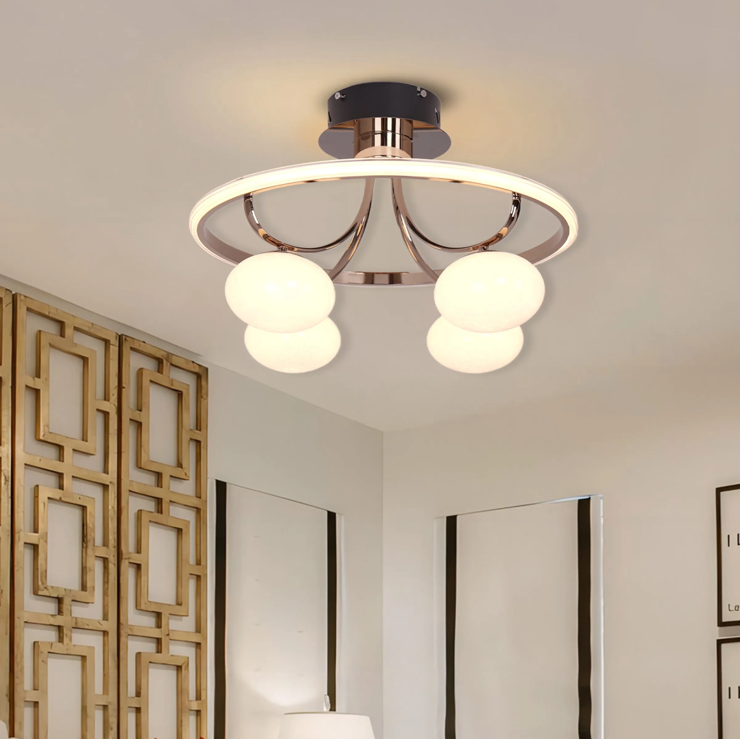 Circular Ceiling Light with 4 Orbs - Grey, Metal