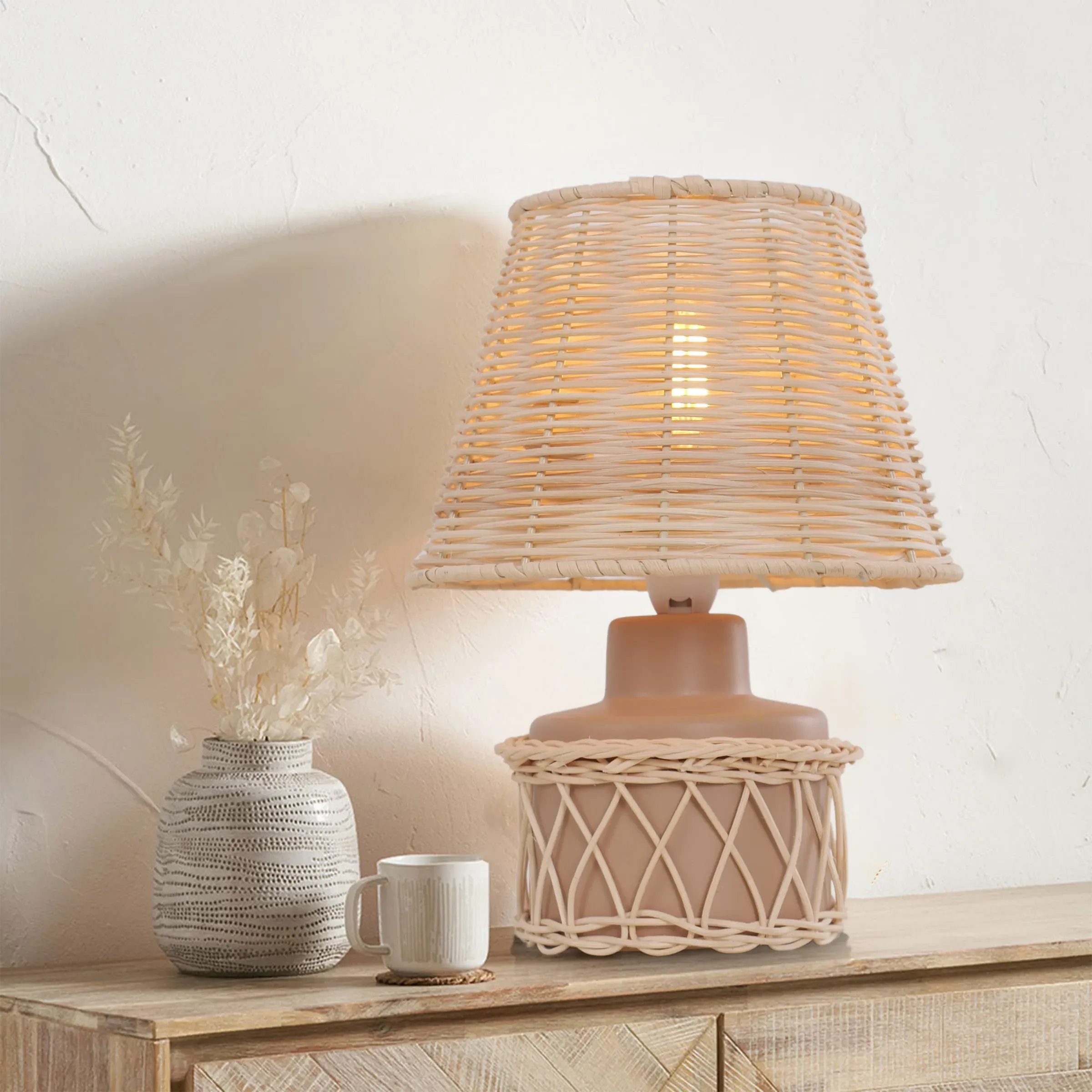 Compact Table Lamp with Rattan Shade - Pink, Ceramic