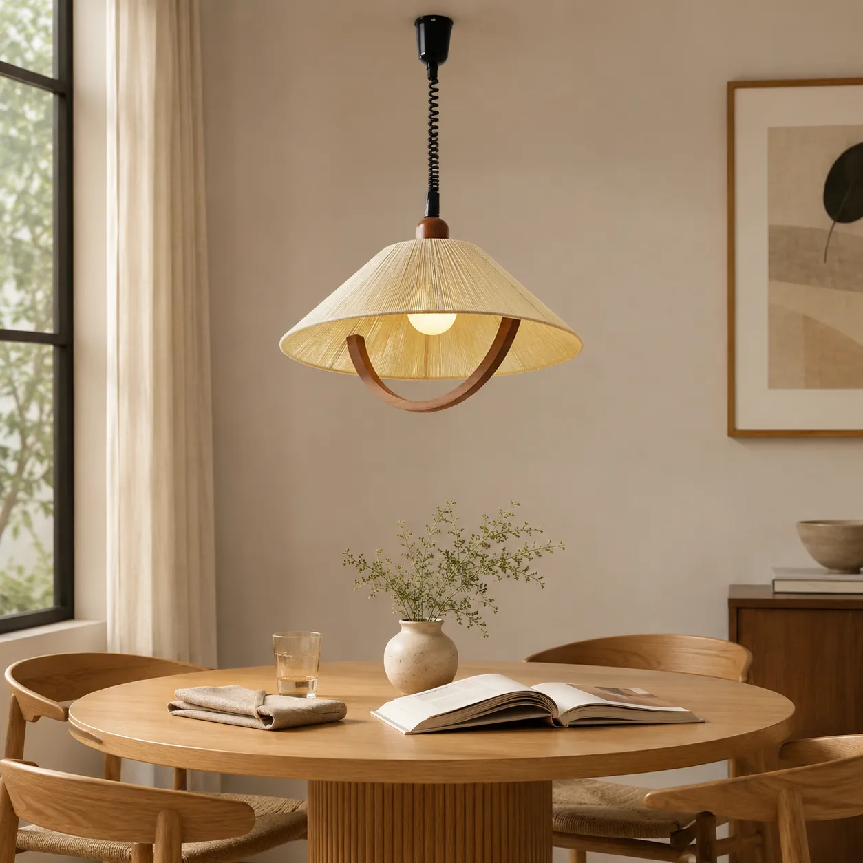 Curved Pendant Light - Natural Wood, Cotton Cord product