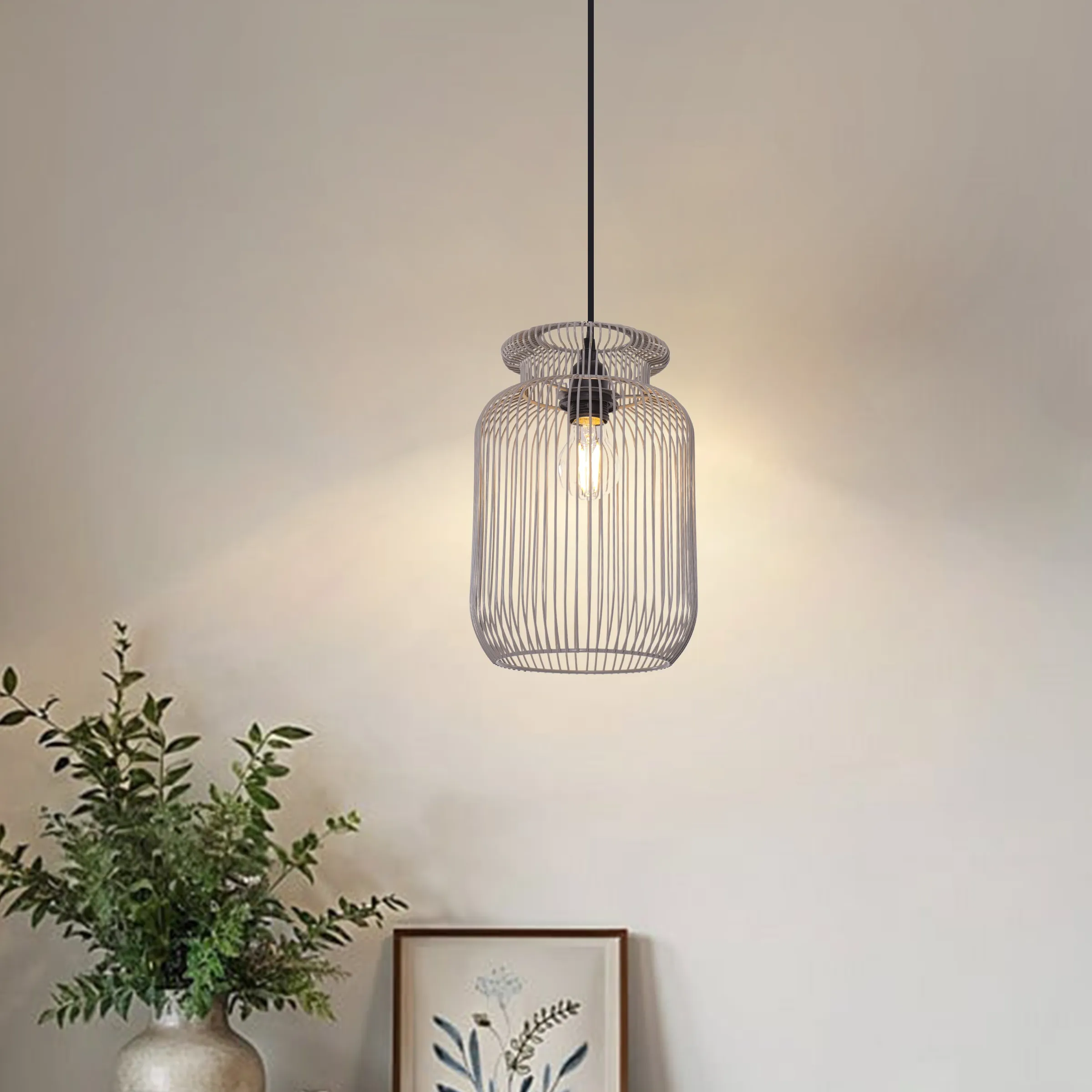 Cylindrical Pendant Light with Wireframe - Grey, Iron image
