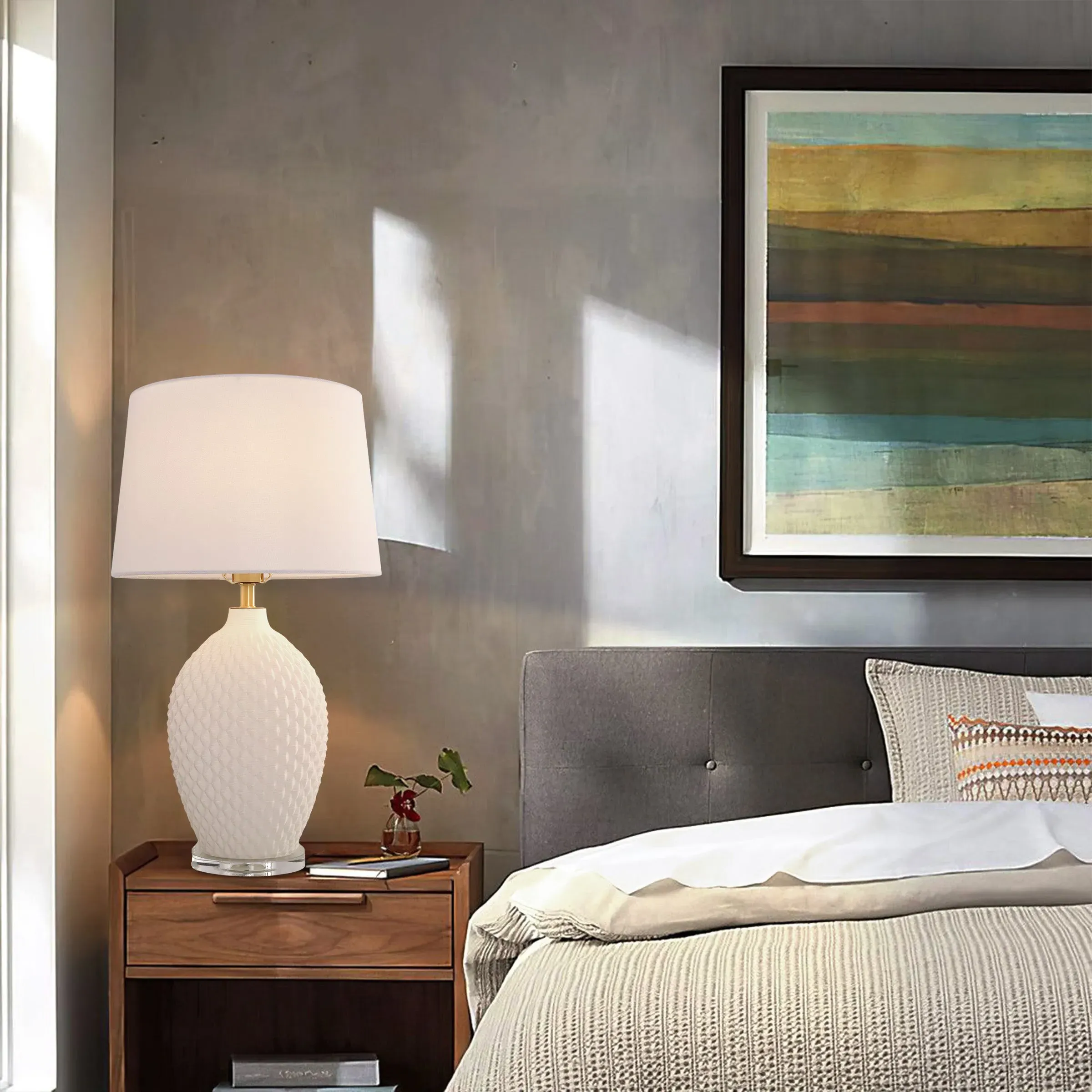 Diamond Relief Table Lamp - White, Ceramic image