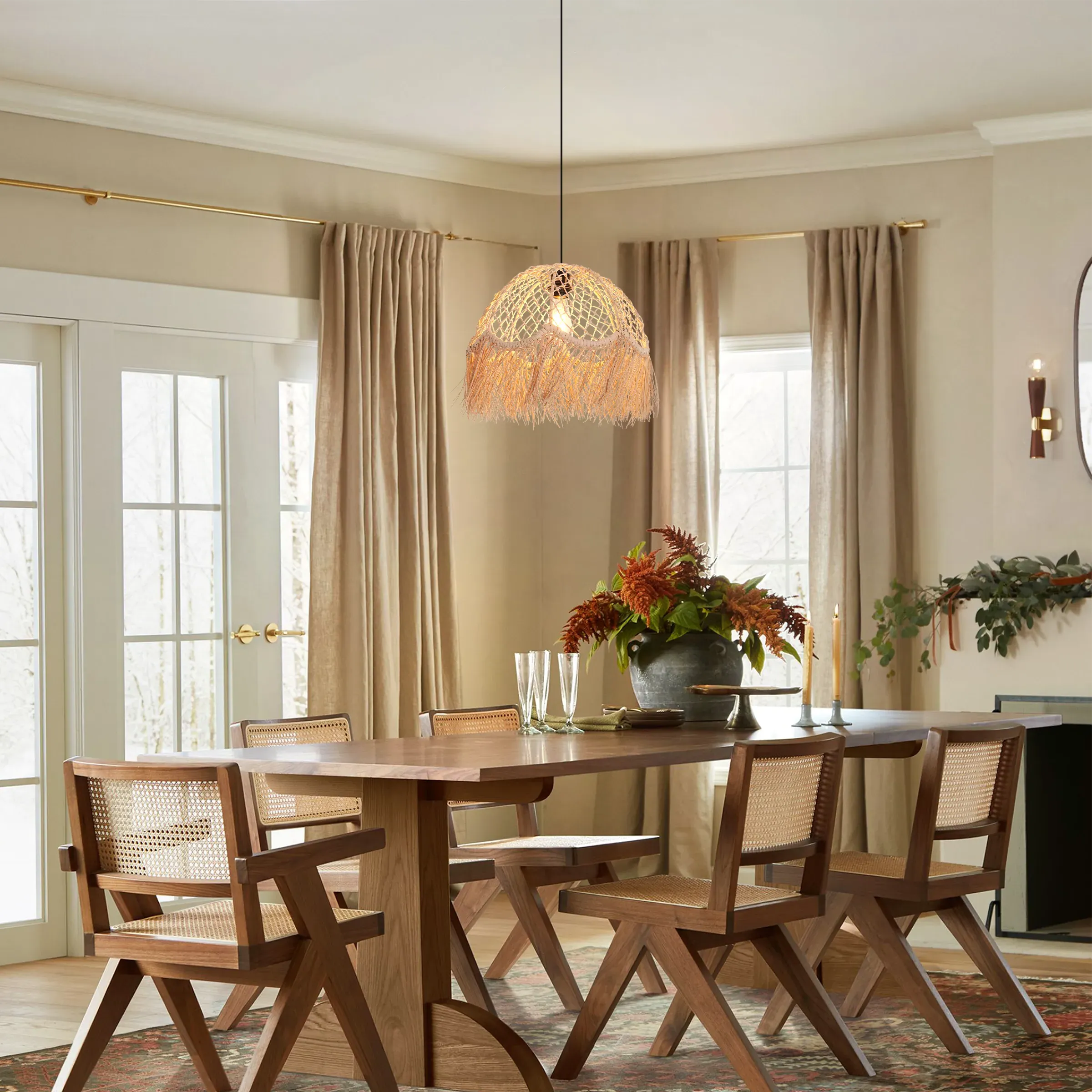 Dome Pendant Light with Fringe - Brown, Rattan image