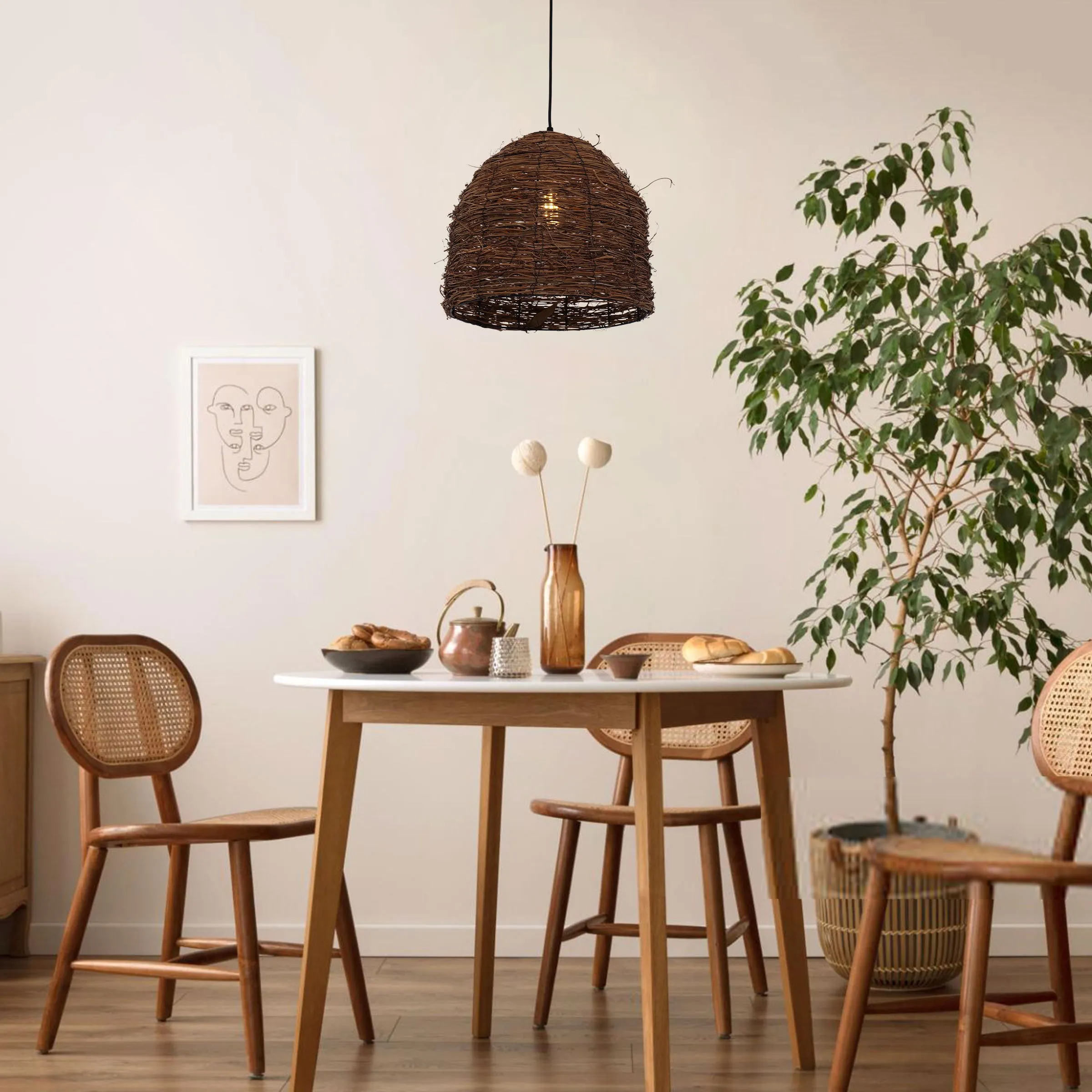 Dome Pendant Light with Woven Design - Brown, Rattan
