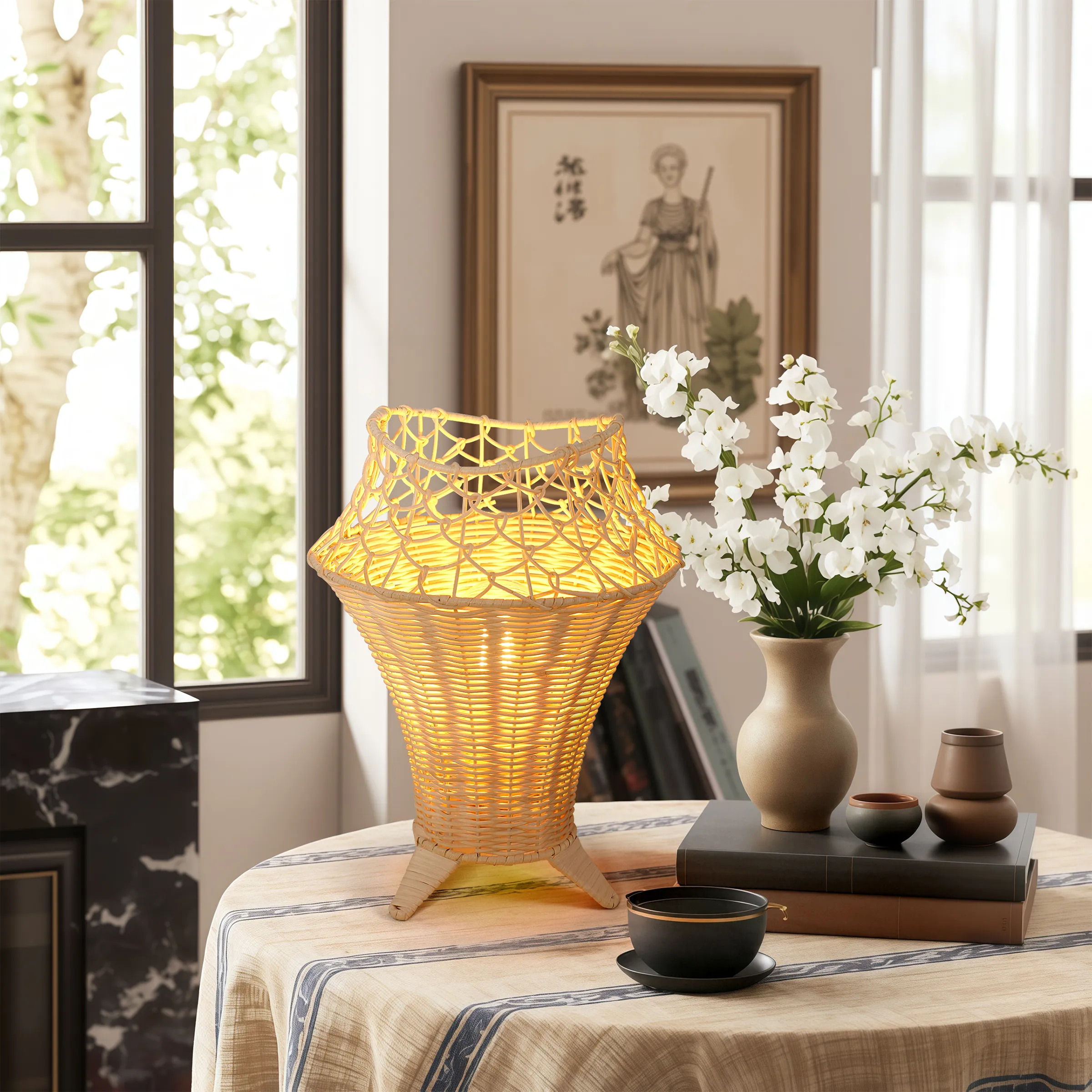 Fish-Mouth Table Lamp with Net Pattern - Natural, Rattan image