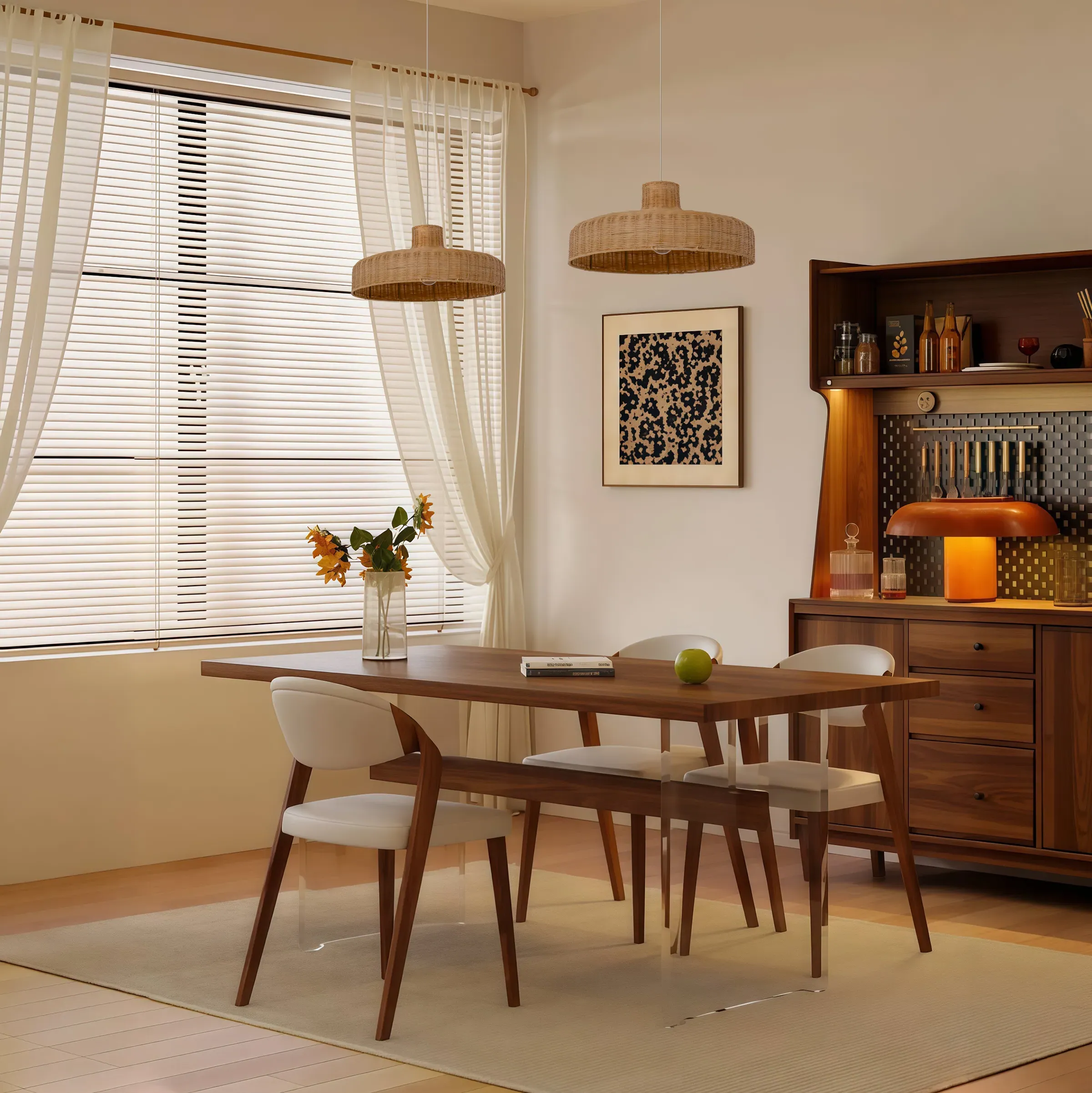 Flat Teapot-Shaped Rattan Pendant Light - Natural product