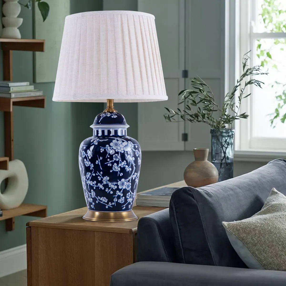 Floral Ceramic Table Lamp with Brass Base - Dark Blue product