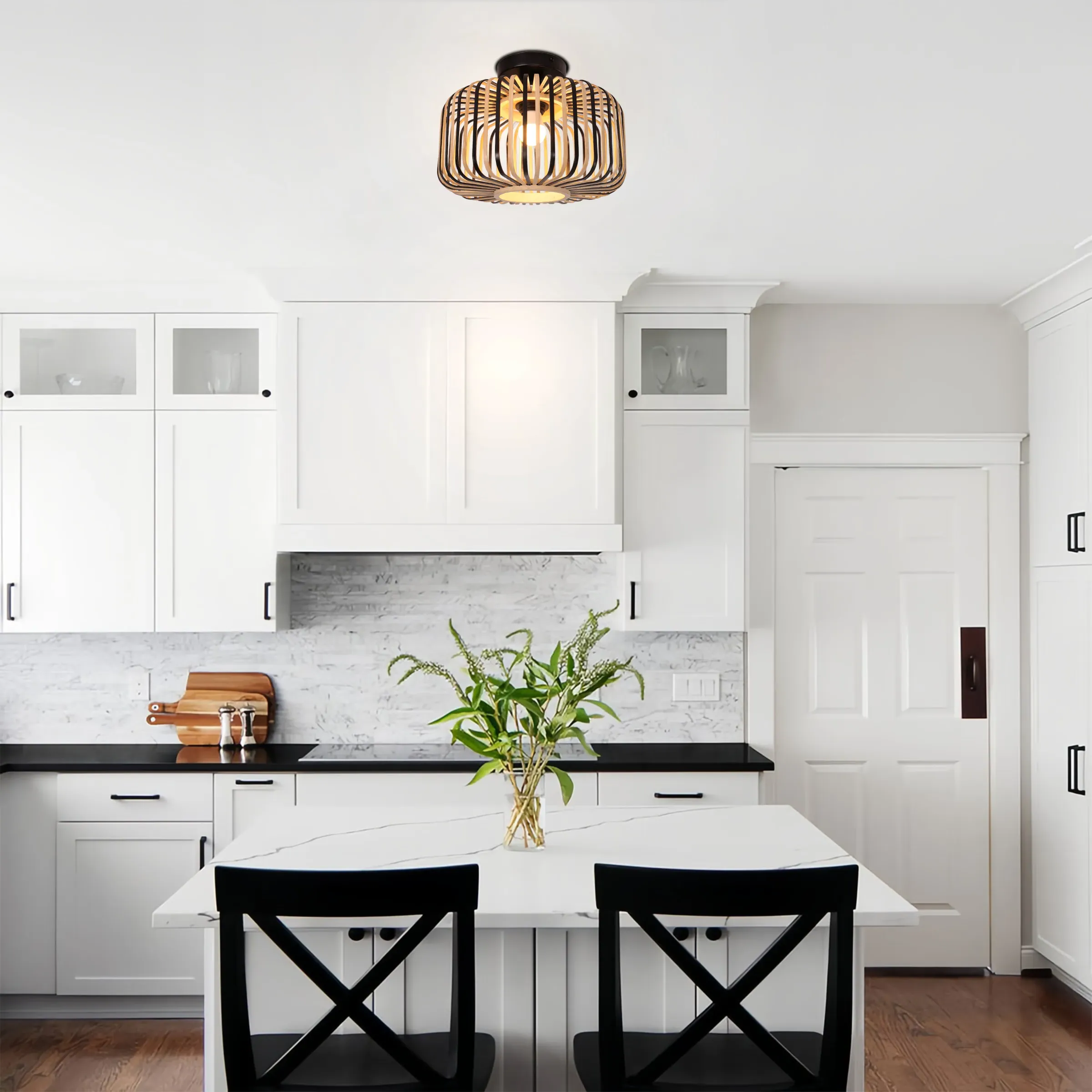 Flush Mount Ceiling Light with LED - Black, Bamboo image