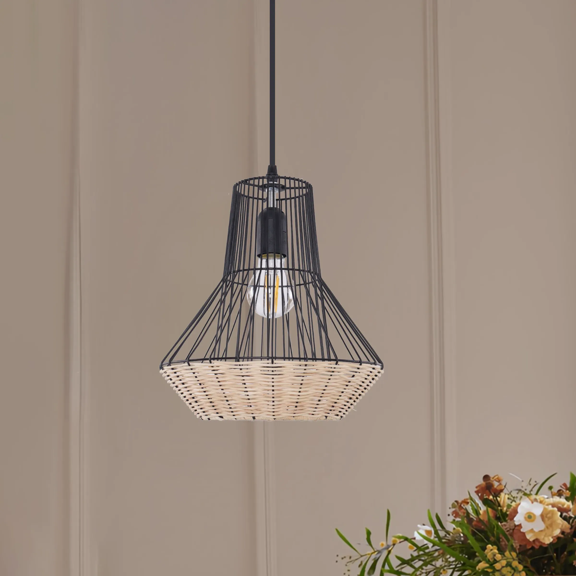 Geometric Pendant Light with Adjustable Cord - Rattan image