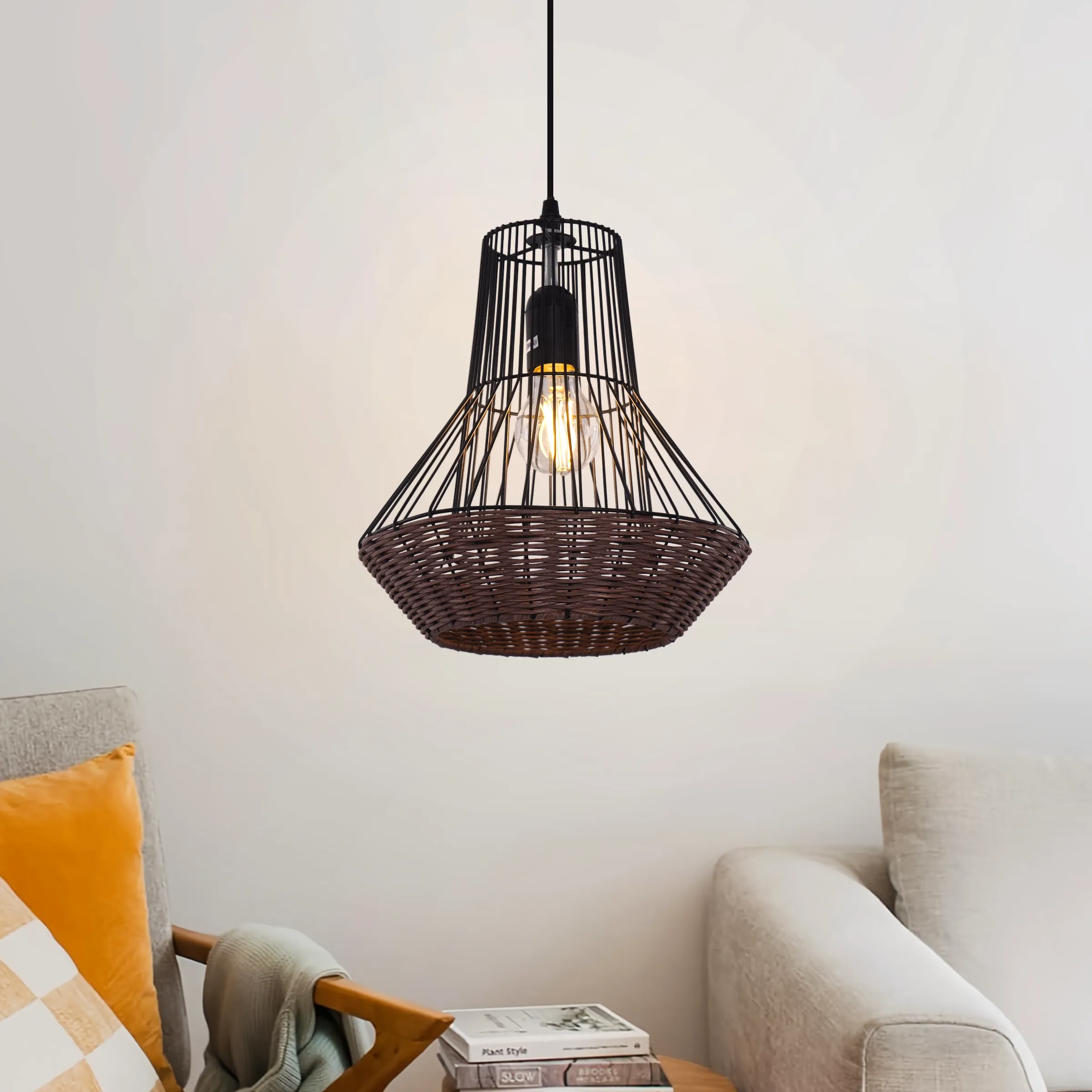 Geometric Pendant Light with Adjustable Cord - Rattan
