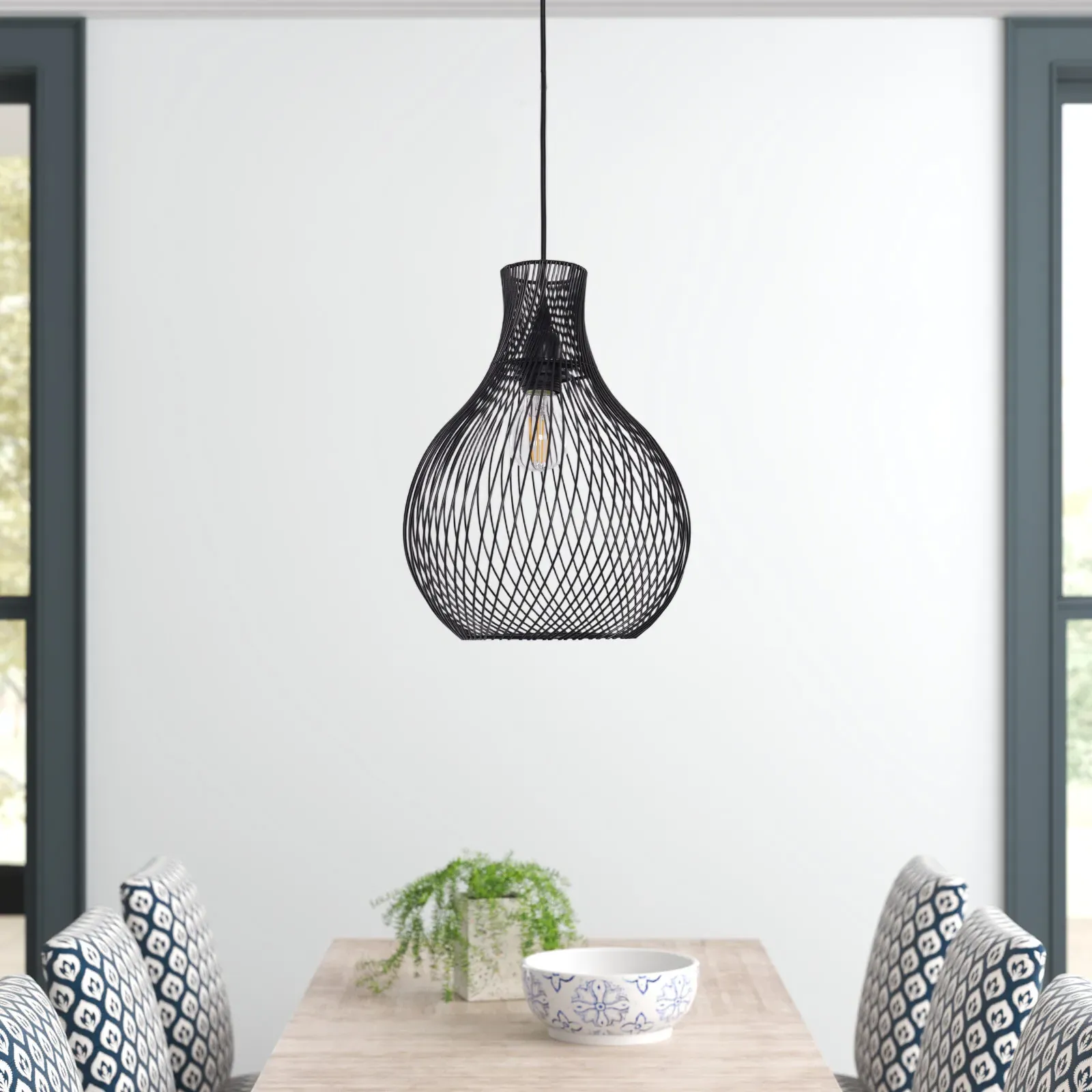 Geometric Pendant Light with Wire Mesh - Black, Iron