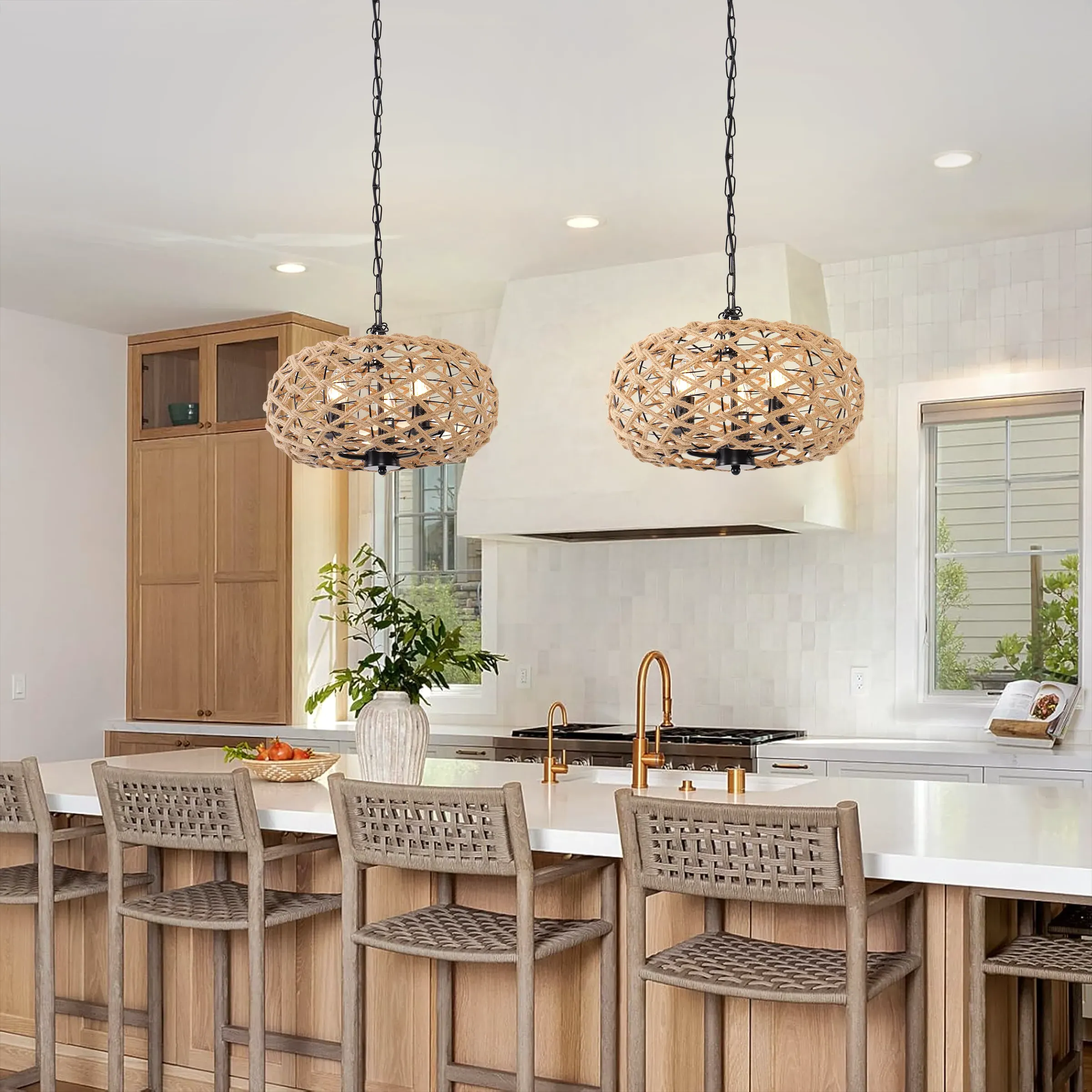 Globe Pendant Light with Hemp Rope - Brown, Iron