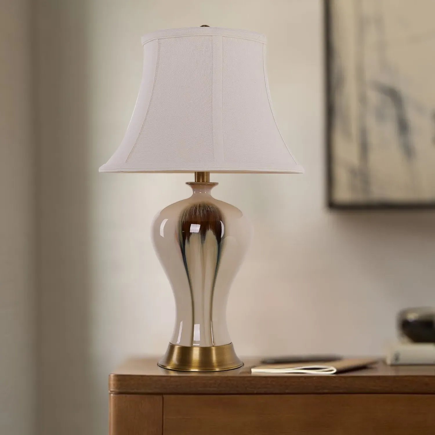Hand-Painted Bird & Floral Ceramic Table Lamp - Blue, Fabric Shade product