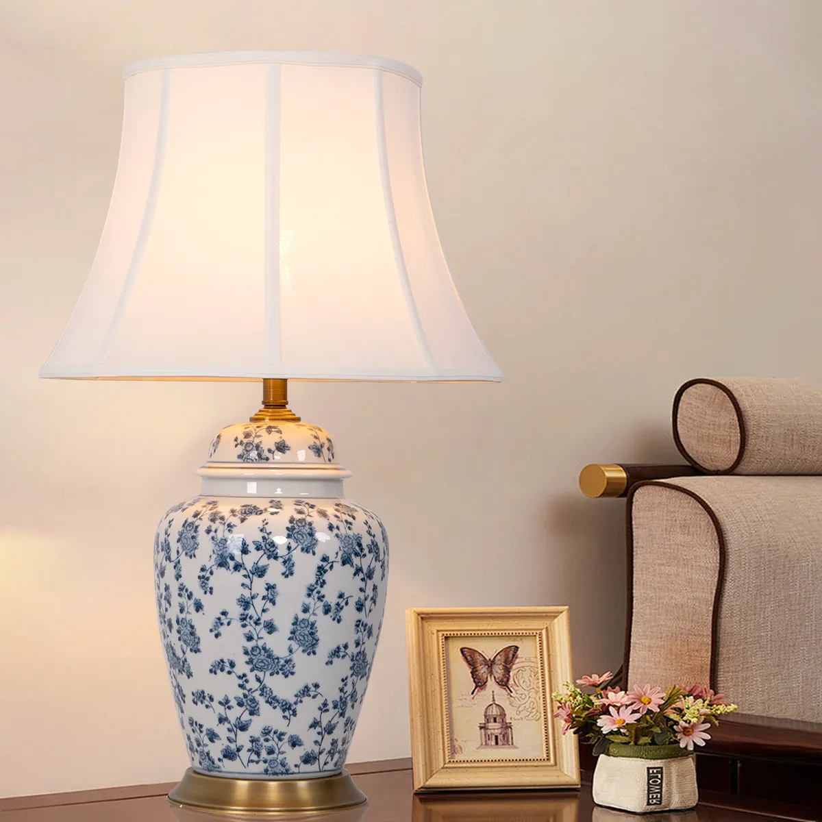 Hand-Painted Bird Floral Ceramic Table Lamp - Brass, Fabric product