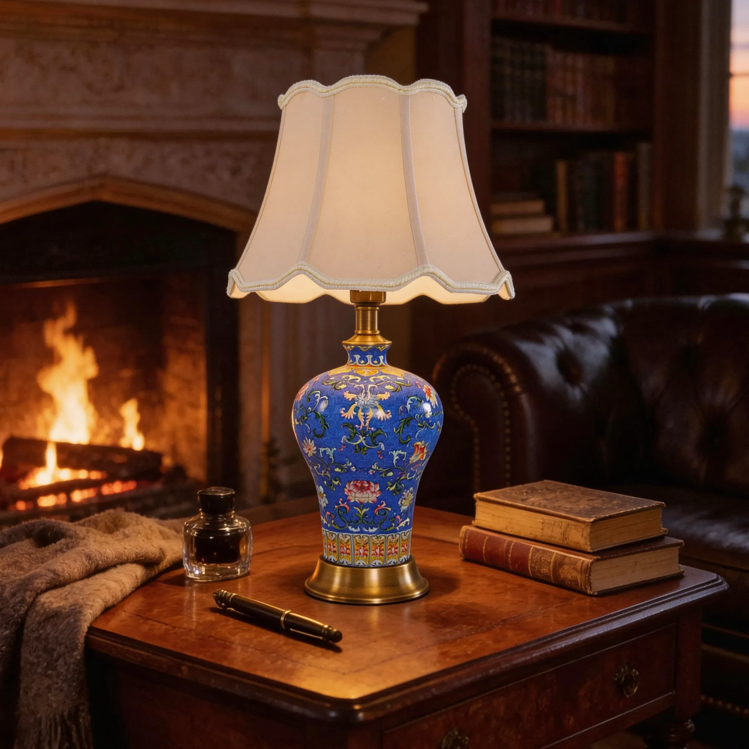 Handcrafted Floral Ceramic Table Lamp - Blue, Ceramic product