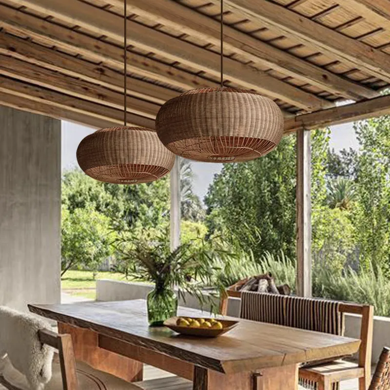Handcrafted Rattan Flat Round Basket Pendant Light - Natural product