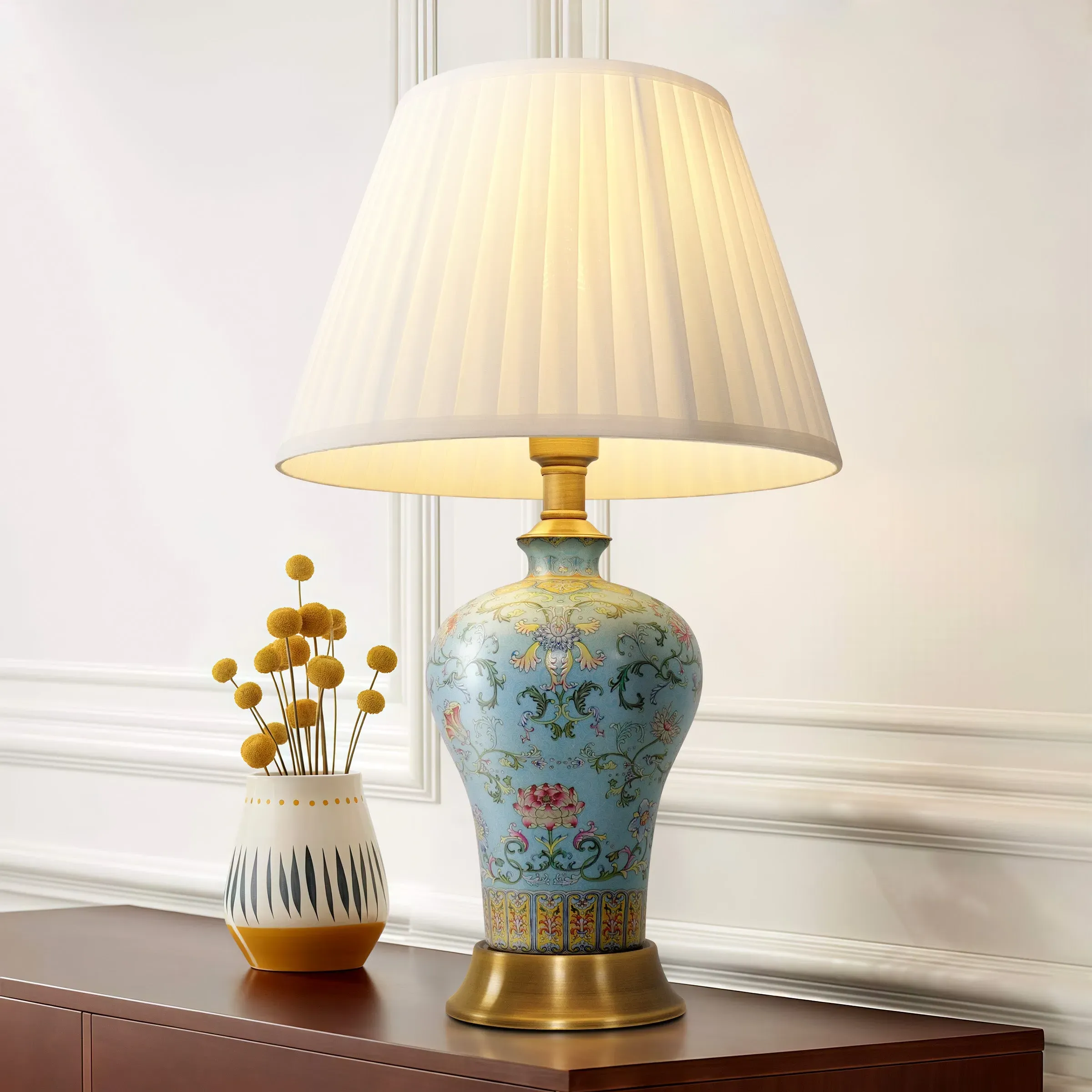 Handcrafted Table Lamp with Fabric Shade - Ceramic