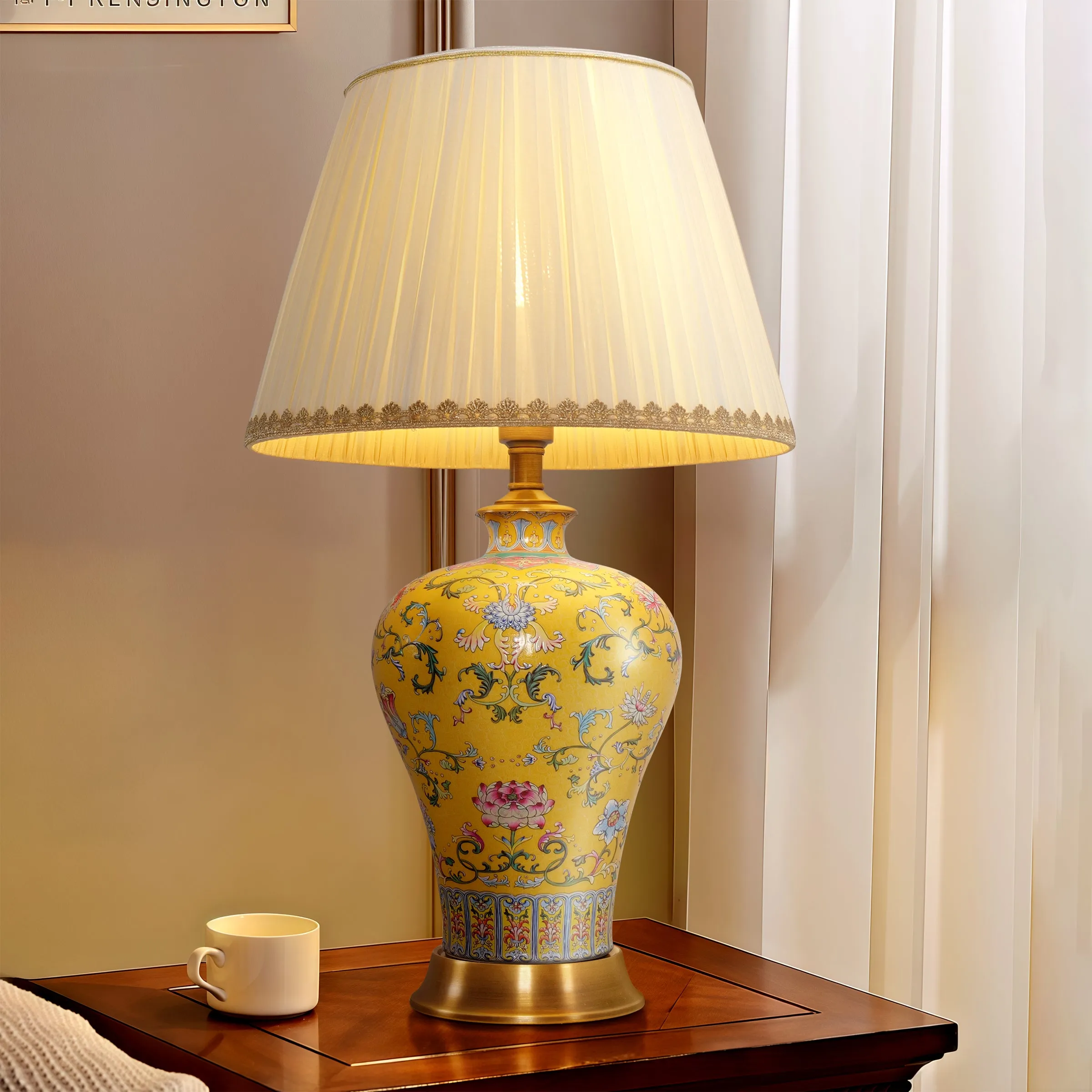 Handcrafted Table Lamp with Fabric Shade - Ceramic