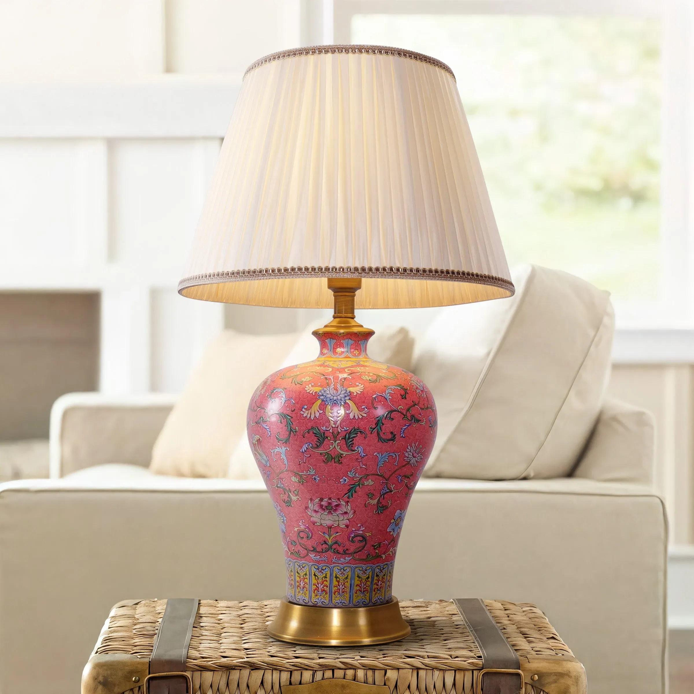 Handcrafted Table Lamp with Fabric Shade - Ceramic
