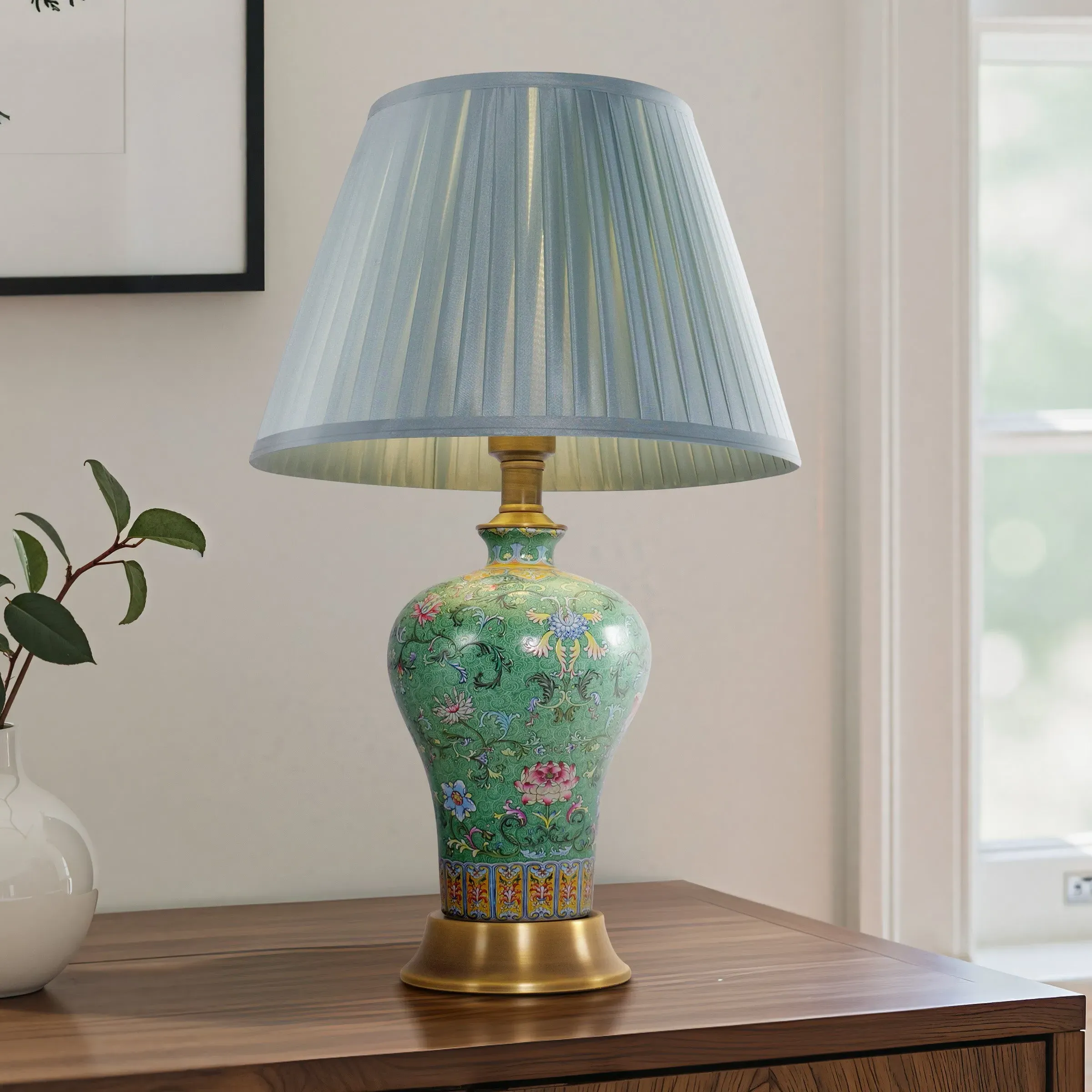 Handcrafted Table Lamp with Fabric Shade - Ceramic