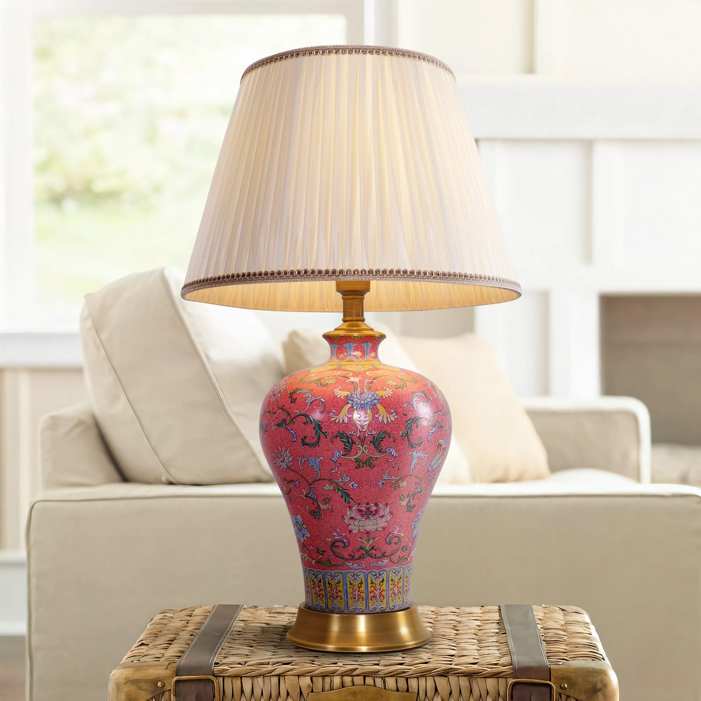 Handcrafted Table Lamp with Fabric Shade - Ceramic