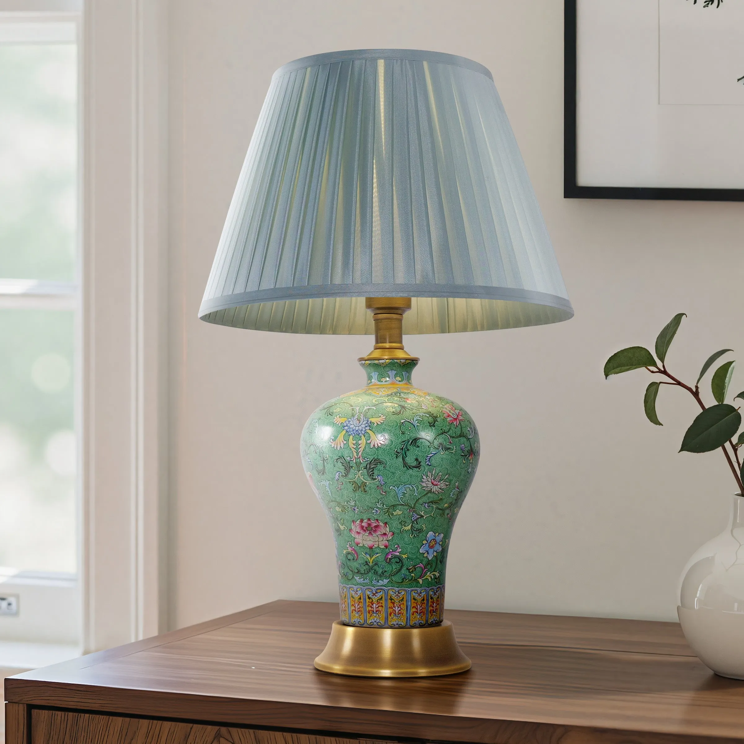 Handcrafted Table Lamp with Fabric Shade - Ceramic