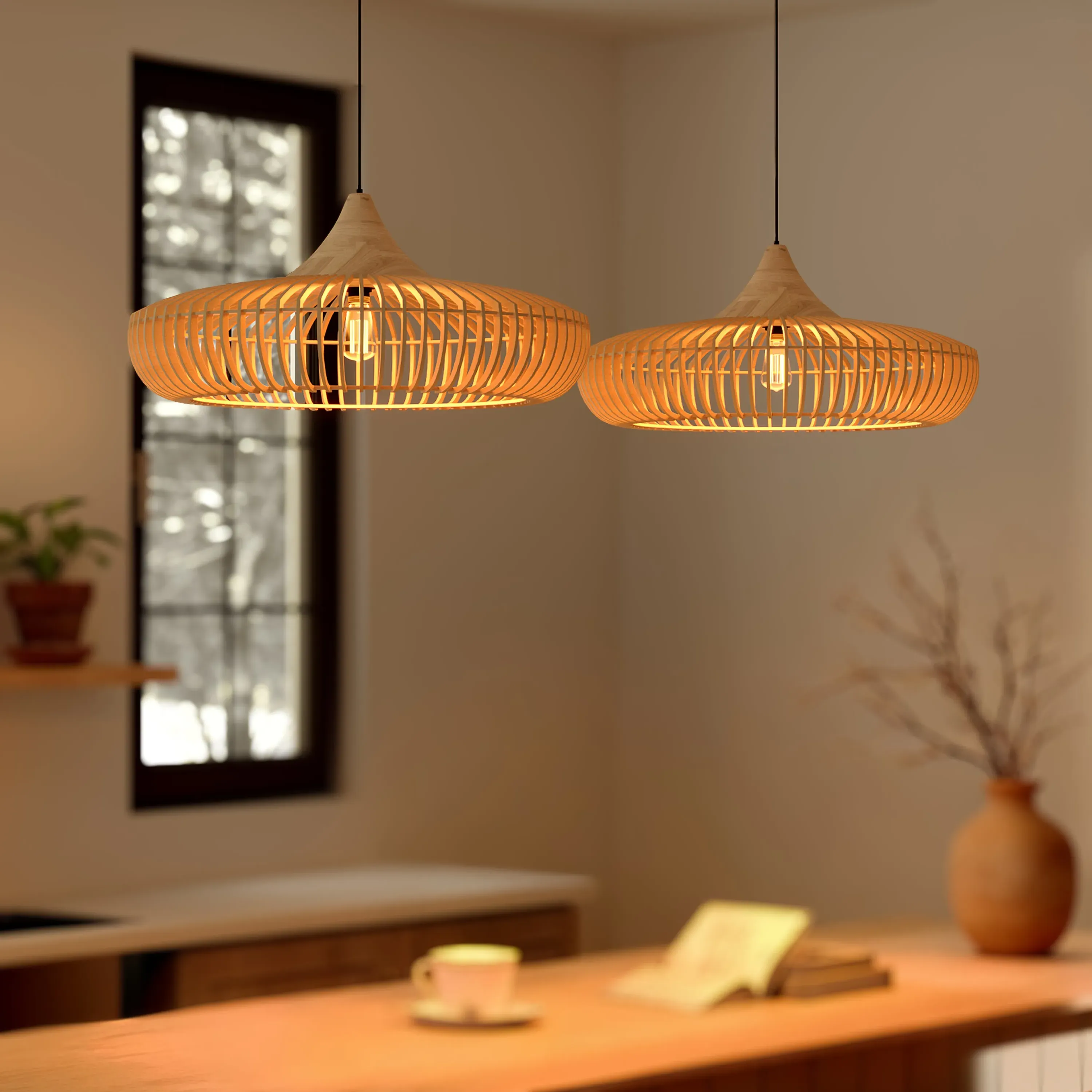 Handcrafted Wood Pendant Light Adjustable - Natural, Wood product