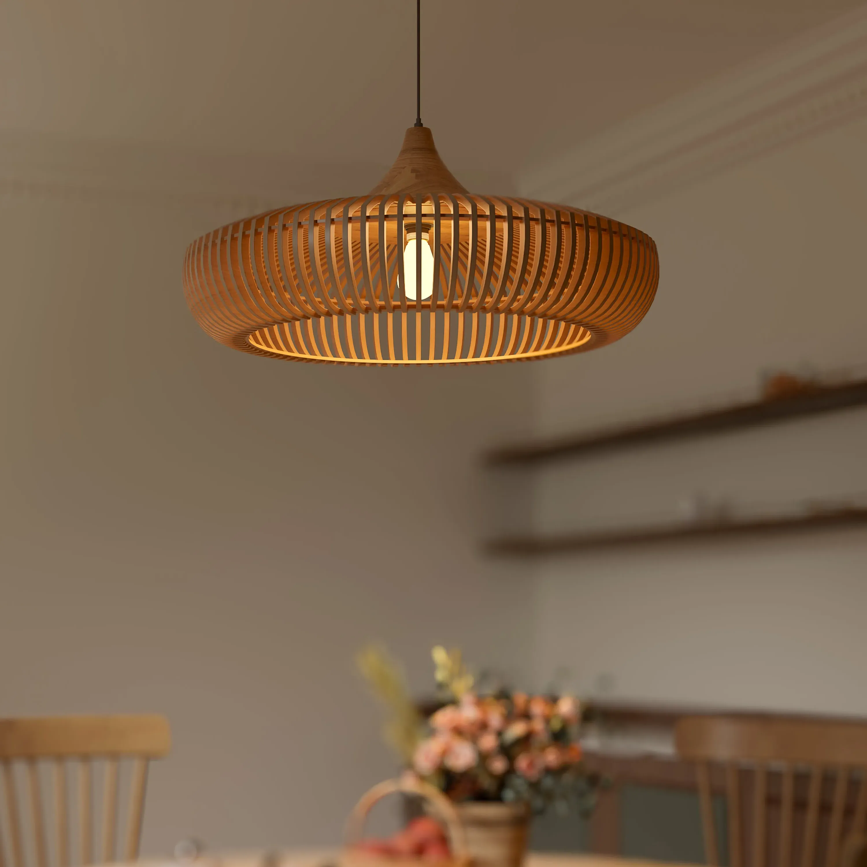 Handcrafted Wood Pendant Light Adjustable - Natural, Wood product