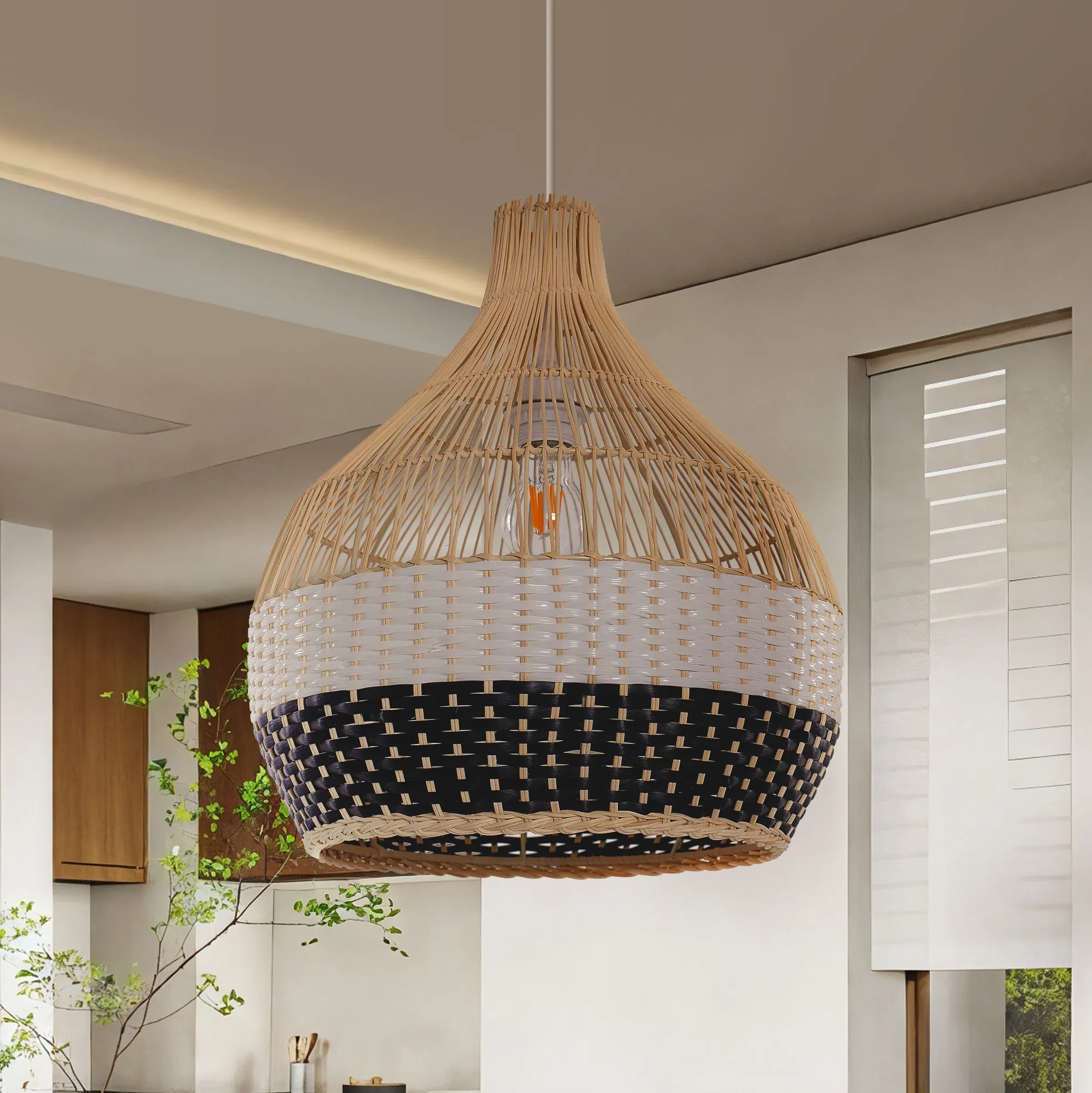 Handwoven Pendant Light - Black White, Rattan